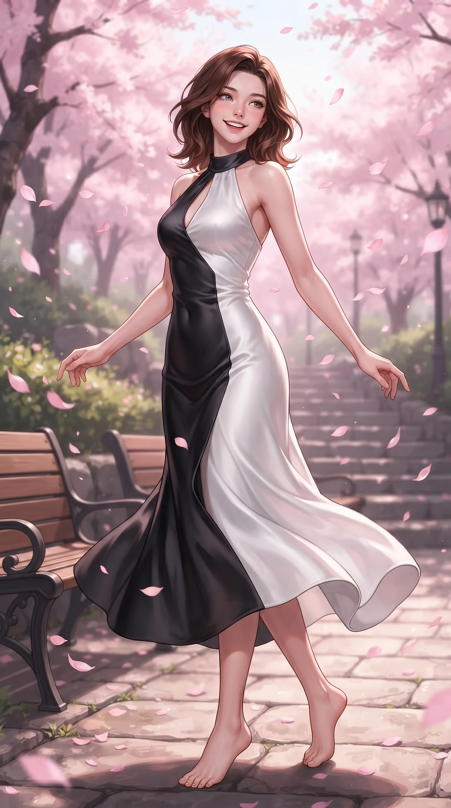 score_9, masterpiece, best quality, ultra-detailed, high-budget anime keyframe, editorial fashion photography, tasteful artistic composition, Korean woman. low angle full-body shot from head to toe showing her feet, filling the entire 9:16 vertical frame with her statuesque presence, stretching her vertical silhouette. performing a cheerful mid-motion turn with flawless poise, her radiant smile capturing fresh girlhood energy while pivoting dynamically with a beaming smile as delicate pink sakura petals shower around her. The surrounding environment is rendered in vivid detail and crisp panoramic clarity. delicate cherry blossom petal clusters, wooden park benches, and historic hill paths in sharp resolution. She has an absolutely perfect, statuesque 8.5-heads proportion, an exceptionally tall and slender model-like female figure with impossibly long slender legs and an ultra-slim waist. sharp v-shaped jawline, high-bridge nose, intricate jewel-like eyes with depth, thick eyelashes, glossy lips with a natural sheen, flawlessly proportioned anatomical accuracy, natural body alignment, perfectly sculpted elegant limbs, clean dynamic posture without body distortion. wearing a delicate silk halter-neck dress following her curves gracefully in sleek jet black and pure white contrast, crafted from smooth liquid silk satin, accented with a Tasteful chest slit framing her clavicle gracefully, the elegant draped fit framing her graceful clavicle and slender torso. illuminated by soft glowing pink ambient light and clear sky refractions. ultra-reflective glossy finish, specular highlights, metallic sheen, high-contrast stereoscopic depth, volumetric dynamic lighting, 2k, ultra detail, master piece, 9:16 ratio