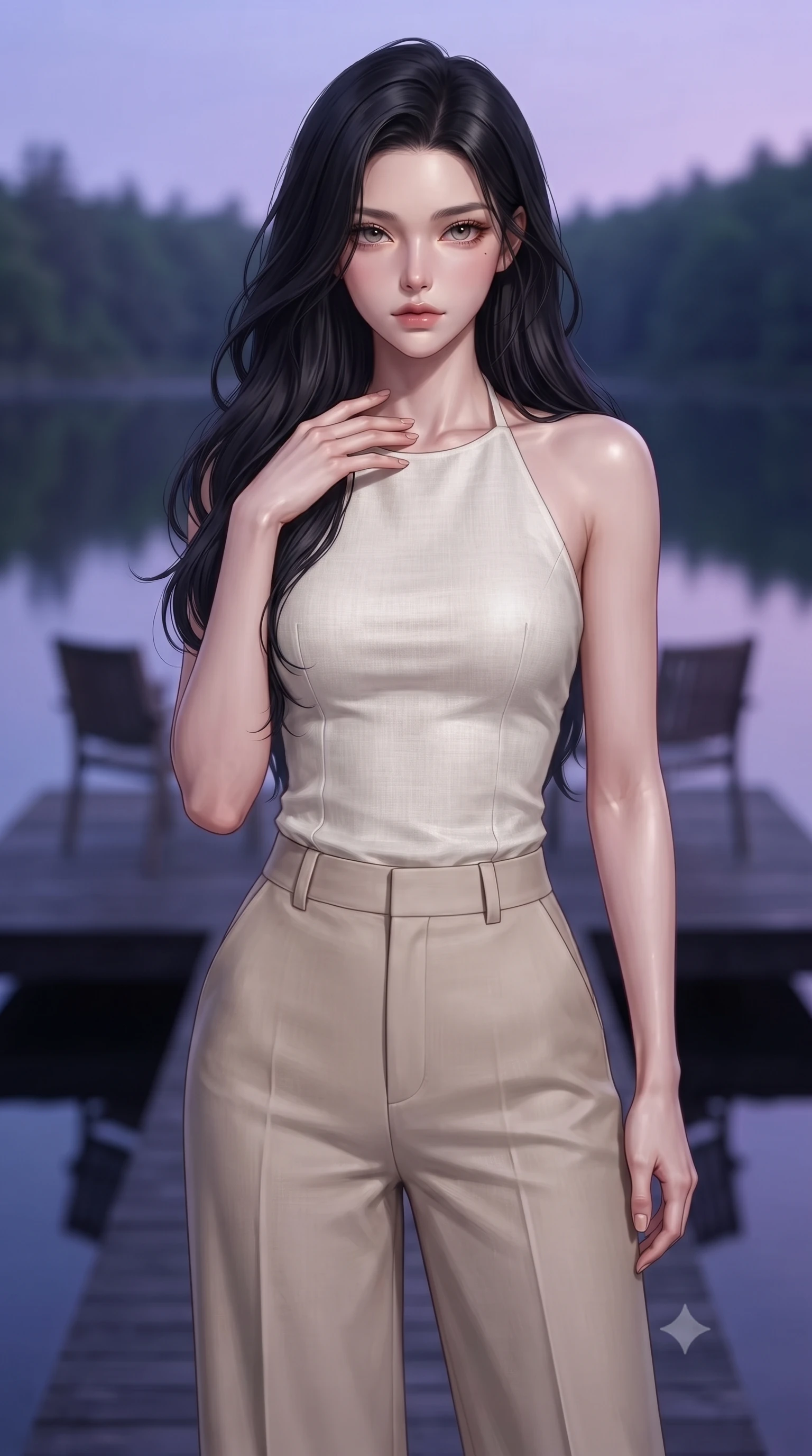 score_9, masterpiece, best quality, ultra-detailed, high-budget anime keyframe, editorial fashion photography, tasteful artistic composition, Korean woman woman. close-up cowboy shot from the waist and thighs up, the character dominates the composition, filling the frame with her large presence, background elements kept in soft focus. standing with one hand resting on her collarbone, looking at the viewer with bedroom-eyes the background shows a soft-focus a simple dark wood deck extending over a calm forest lake, with two chairs. She has an exceptionally elegant, slender, and willowy female figure with an ultra-slim waist, a gracefully sculpted slender torso, and a refined silhouette. sharp v-shaped jawline, high-bridge nose, intricate jewel-like eyes with depth, thick eyelashes, glossy lips with a natural sheen. wearing a slim-fit tailored linen halter neck top in ivory white, paired with high-waisted beige wide-leg trousers. the serene purple and blue hues of twilight reflecting on the still water. ultra-reflective glossy finish, specular highlights, metallic sheen, high-contrast stereoscopic depth, volumetric dynamic lighting, 2k, ultra detail, master piece, 9:16 ratio