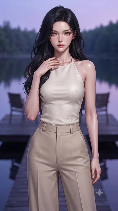 score_9, masterpiece, best quality, ultra-detailed, high-budget anime keyframe, editorial fashion photography, tasteful artistic composition, Korean woman woman. close-up cowboy shot from the waist and thighs up, the character dominates the compositi
