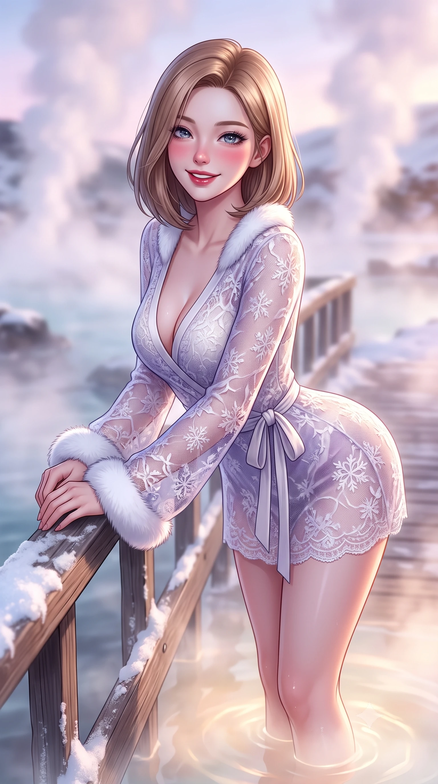 score_9, masterpiece, best quality, ultra-detailed, high-budget anime keyframe, semi-realistic 3D game render, editorial fashion photography, tasteful artistic composition, Korean woman. close-up cowboy shot from the waist and thighs up, the character dominates the composition, filling the frame with her large presence. leaning forward over the snow-dusted balustrade while arching her lower back to accentuate her curvy hips, looking into the camera with a radiant playful smile and seductive bedroom-eyes while resting on the wooden lagoon boardwalk with legs dipping into the warm water, her long slender limbs and hourglass silhouette radiating allure. The composition keeps background elements in soft focus with dreamy creamy bokeh. thick billowing geothermal steam clouds rising into the sub-zero air softened in otherworldly Icelandic shallow focus. She has an exceptionally elegant, slender, and willowy female figure with an ultra-slim waist, flat toned midriff, narrow ribcage, and sculpted feminine hips creating an alluring, slim hourglass silhouette without bulk. sharp v-shaped jawline, high-bridge nose, sparkling ice-crystal eyes with depth, frosty thick lashes, glossy parted lips with a rosy berry sheen, bright playful smile with an intoxicating seductive glint, rosy flushed cheeks radiating cozy warmth and dangerous allure, flawlessly proportioned anatomical accuracy, strict slender model proportions, natural body alignment, perfectly sculpted long slender limbs, ultra-slim waistline, clean dynamic posture without body distortion. wearing a deep V-neck cashmere wrap mini dress with a tie-waist accentuating her flat midriff and hips in frosty lilac violet and pearlescent ivory, crafted from sheer delicate thermal stretch lace with snowflake floral motifs, finished with plush white faux-fur edging along the cuffs and collar, the form-contouring cut accentuating her sculpted flat midriff, narrow delicate ribcage, and gracefully curvy hips with alpine supermodel elegance. bathed in soft ethereal Nordic pastel twilight and warm geothermal water illumination. highly saturated vibrant anime colors, detailed shading with soft gradients, rich glossy textures, high-contrast stereoscopic depth, volumetric dynamic lighting, master piece, 9:16 ratio