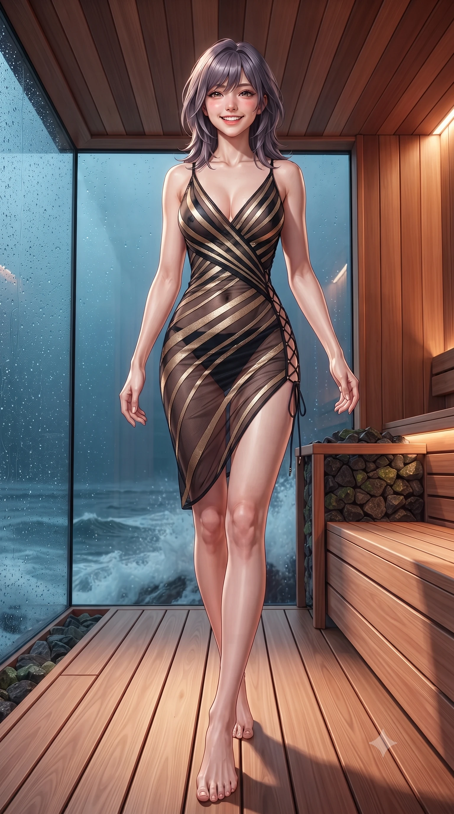 score_9, masterpiece, best quality, ultra-detailed, high-budget anime keyframe, editorial fashion photography, tasteful artistic composition, Japanese woman. low angle full-body shot from head to toe showing her feet, filling the entire 9:16 vertical frame with her statuesque presence, stretching her vertical silhouette. stepping forward in a confident stride, her long slender legs and curvaceous hips creating a dynamic, sweeping vertical line while standing poised on the aromatic red cedar deck inside the cantilevered oceanfront sauna, arching her lower back with wet-look siren grace as Arctic swells crash below. The surrounding environment is rendered in vivid detail and crisp panoramic clarity: sharp red cedar plank textures, heated volcanic peridotite stove rocks, and water droplet beads on structural glass in deep focus. She has an exceptionally tall and slender model-like 8.5-heads proportion, an ultra-slim waist, a flat toned midriff, narrow delicate ribcage, and beautifully sculpted feminine hips creating a graceful, slim hourglass silhouette without any bulky heaviness, with impossibly long slender legs. sharp v-shaped jawline, high-bridge nose, intricate jewel-like sparkling eyes with depth, thick eyelashes, glossy parted lips with a natural peach sheen, bright cheerful beaming smile with an enchanting and coquettish sensual glint, exuding both youthful cute charm and seductive allure, flawlessly proportioned anatomical accuracy, strict slender model proportions, natural body alignment, perfectly sculpted long slender limbs, ultra-slim waistline, clean dynamic posture without body distortion. wearing a plunge-front sheer illusion tulle slip dress with liquid gold ribbon stripes hugging her curves in deep midnight obsidian black and champagne gold, woven from fine semi-opaque stretch illusion mesh tracing her slender contours, featuring fine criss-cross lace-up side ties revealing tantalizing glimpses of her hip curve, the glove-like clinging cut tightly following the natural contour of her hips and long slender legs with youthful 8.5-heads elegance. illuminated by cedar wood bounce and sharp copper-cyan rim lights defining her dewy collarbones, ultra-slim waist, and curvy hips. ultra-reflective glossy finish, specular highlights, rich textural contrasts, high-contrast stereoscopic depth, volumetric dynamic lighting, 2k, ultra detail, master piece, 9:16 ratio