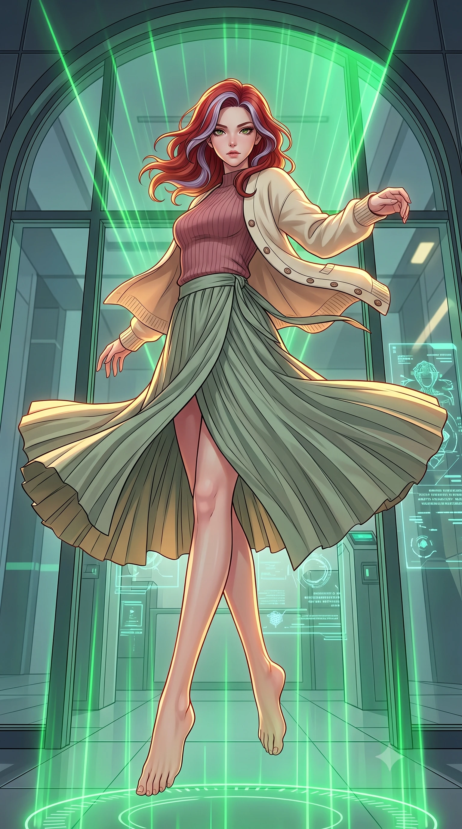 score_9, masterpiece, best quality, ultra-detailed, high-budget anime keyframe, editorial fashion photography, tasteful artistic composition, Caucasian woman, strictly human ears. low angle full-body shot from head to toe showing her feet, filling the entire 9:16 vertical frame with her statuesque presence, stretching her vertical silhouette. spinning mid-air in zero gravity to shoot in multiple directions, her silhouette stretched within the entrance of a high-security complex, a large glass arch scanning visitors with shifting green laser sweeps. She has a statuesque 8.5-heads proportion, an exceptionally tall, slender and willowy model-like build with impossibly long legs and a highly sculpted ultra-slim waist. sharp v-shaped jawline, high-bridge nose, intricate jewel-like eyes with depth, thick eyelashes, glossy lips with a natural sheen. wearing the lightweight fabric rippling and billowing dramatically with her movement, a tailored dusty rose ribbed knit top layered under a cream wool cardigan, paired with a sage green pleated wrap midi skirt. highly saturated vibrant anime colors, intense vivid color palette, soft 3D volumetric shading, volumetric dynamic lighting, dramatic chiaroscuro with a single golden key light sculpting her silhouette. 2k, ultra detail, master piece, 9:16 ratio