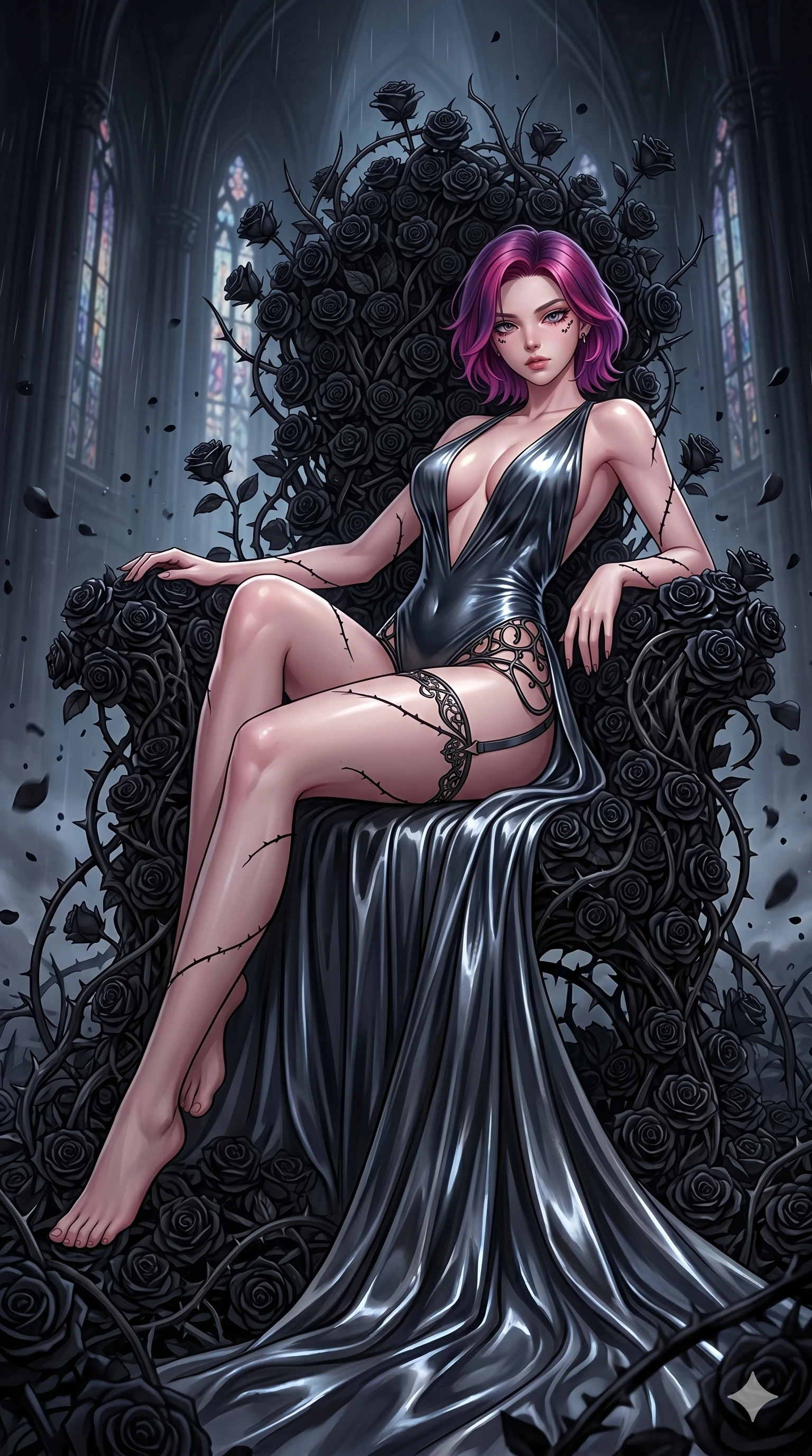 score_9, masterpiece, best quality, ultra-detailed, High-budget Anime Keyframe, East Asian woman. Dynamic full-body shot stretching the vertical silhouette to the limit. Scenario 200: Resting on a throne of black roses, thorns grazing her skin. Her presence is magnetic and overpowering in this high-budget anime scene. Outfit 200: A molten liquid silk garter with a plunging V-neckline and wet-look texture. The clothing is designed to emphasize her exceptionally tall and slender 8-heads proportion. 8-heads proportion, towering silhouette, ultra-slim waist. sharp v-shaped jawline, intricate jewel-like eyes with depth, thick eyelashes, glossy lips. 2k, ultra detail, master piece, 9:16 ratio