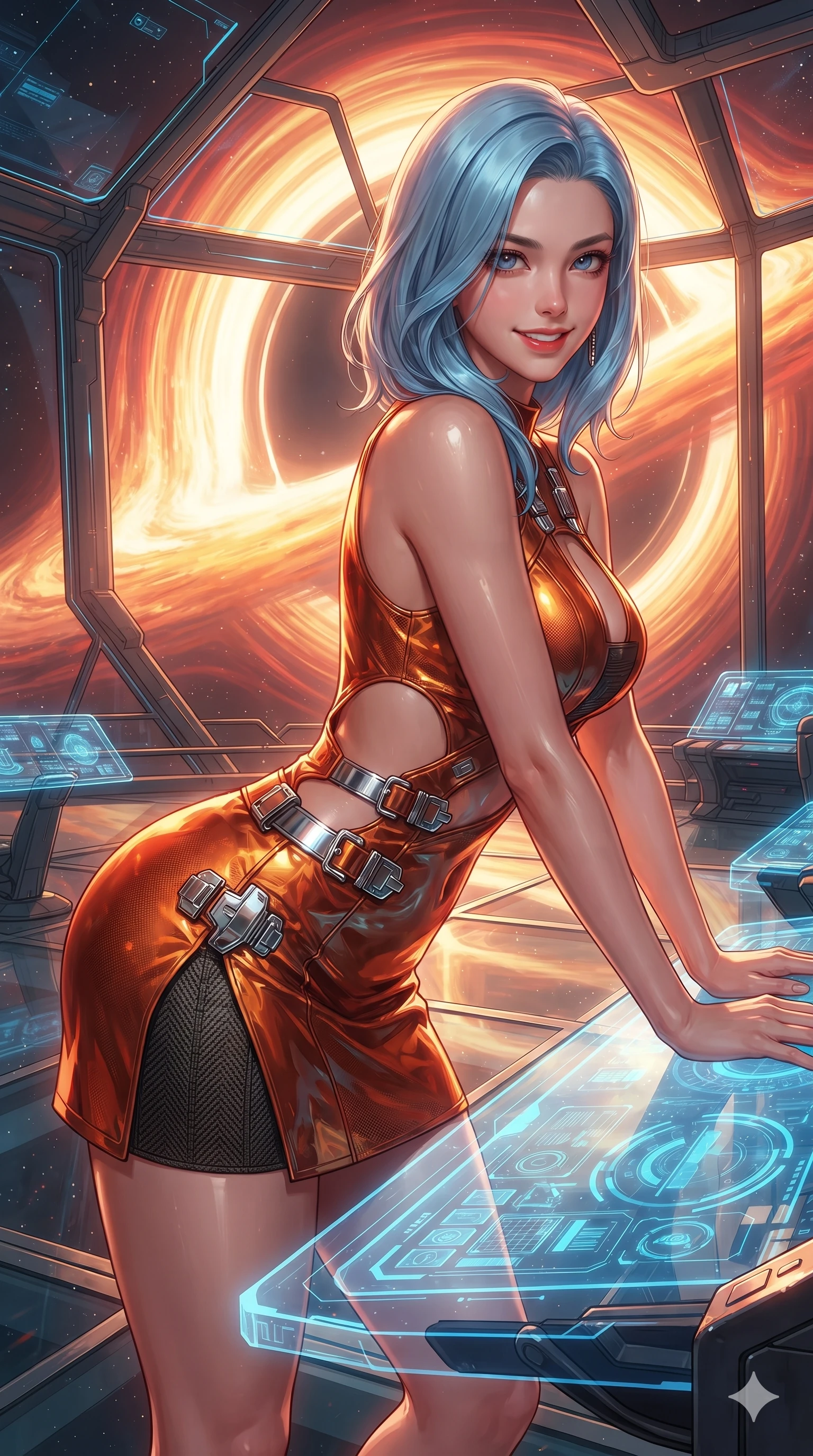 score_9, masterpiece, best quality, ultra-detailed, high-budget anime keyframe, editorial fashion photography, tasteful artistic composition, Korean woman. close-up cowboy shot from the waist and thighs up, the character dominates the composition, filling the frame with her large presence. leaning forward over the holographic console while arching her lower back to accentuate her curvy hips, looking into the camera with an intoxicating smoldering bedroom-gaze while standing in a tall, confident posture on the transparent observatory catwalk, stretching her statuesque body as she arches her lower back while overlooking the blazing accretion disk swirling below. The surrounding environment is rendered in vivid detail and crisp panoramic clarity: detailed combat suit weave, blinding accretion light reflections on armor, and deep-space observatory architecture in high clarity. She has an exceptionally elegant, slender, and willowy female figure with an ultra-slim waist, flat toned midriff, narrow ribcage, and sculpted feminine hips creating an alluring, slim hourglass silhouette without bulk. sharp v-shaped jawline, high-bridge nose, intricate jewel-like sparkling eyes with depth, thick eyelashes, glossy parted lips with a natural sheen, bright confident smile with an enchanting and coquettish sensual glint, exuding both youthful magnetic charm and sovereign high-tech allure, flawlessly proportioned anatomical accuracy, strict slender model proportions, natural body alignment, perfectly sculpted long slender limbs, ultra-slim waistline, clean dynamic posture without body distortion. wearing a provocative open-waist cutout tactical mini dress framed by sculptural chrome hardware and thigh-high slit in fiery geothermal copper and molten amber glow, crafted from lightweight aerodynamic matte carbon-fiber weave with structural stiffness, finished with polished chrome buckle hardware and modular magnetic holster clasps, the high-slit tactical tailoring accentuating her ultra-slim waistline and the enchanting curve of her feminine hips with alluring seductive charm. bathed in intense, blazing golden and crimson relativistic light streaming from the accretion disk through massive transparent viewports. ultra-reflective glossy finish, specular highlights, rich textural contrasts, high-contrast stereoscopic depth, volumetric dynamic lighting, 2k, ultra detail, master piece, 9:16 ratio