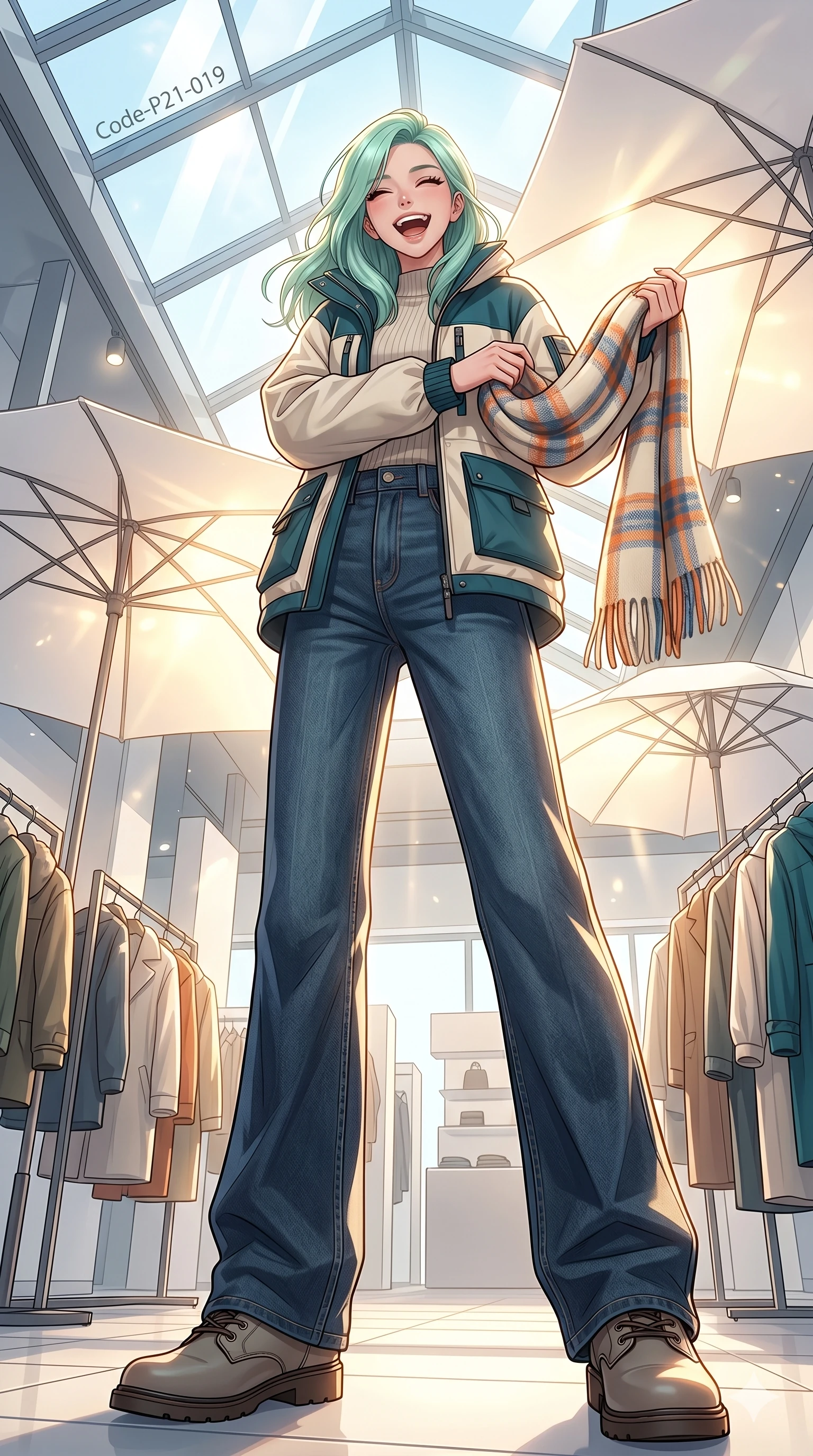 score_9, masterpiece, best quality, ultra-detailed, high-budget anime keyframe, vibrant anime aesthetic, Japanese woman. low angle full-body shot from head to toe showing her feet, filling the entire 9:16 vertical frame with her statuesque presence, stretching her vertical silhouette. She is posing with a cheerful laugh while holding a warm woolen scarf inside a designer showroom featuring the winter collection, under bright skylights (Code-P21-019). She has an absolutely perfect 8-heads proportion, an exceptionally tall and slender female figure with impossibly long slender legs and an ultra-slim waist. V-shaped jawline, high-bridge nose, intricate jewel-like eyes with depth, thick eyelashes, glossy lips with a natural sheen. wearing a high-fashion windbreaker over a knit top and wide-leg denim in winter. She is surrounded by bright sunbeams reflecting off white umbrellas, creating a luminous winter glow. 2k, ultra detail, master piece, 9:16 ratio