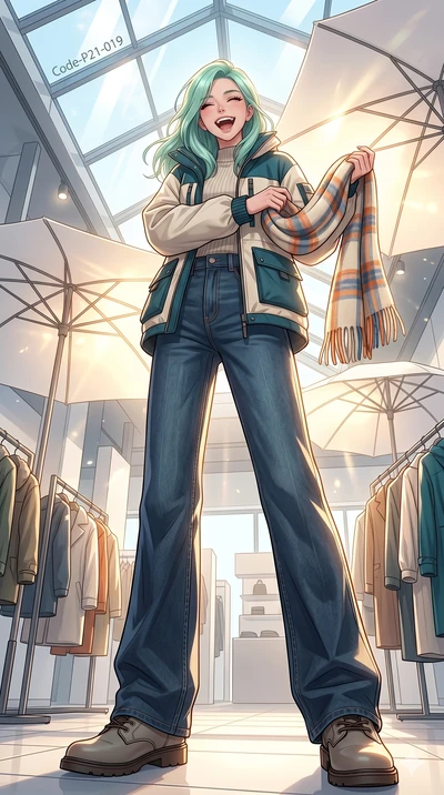 score_9, masterpiece, best quality, ultra-detailed, high-budget anime keyframe, vibrant anime aesthetic, Japanese woman. low angle full-body shot from head to toe showing her feet, filling the entire 9:16 vertical frame with her statuesque presence, 