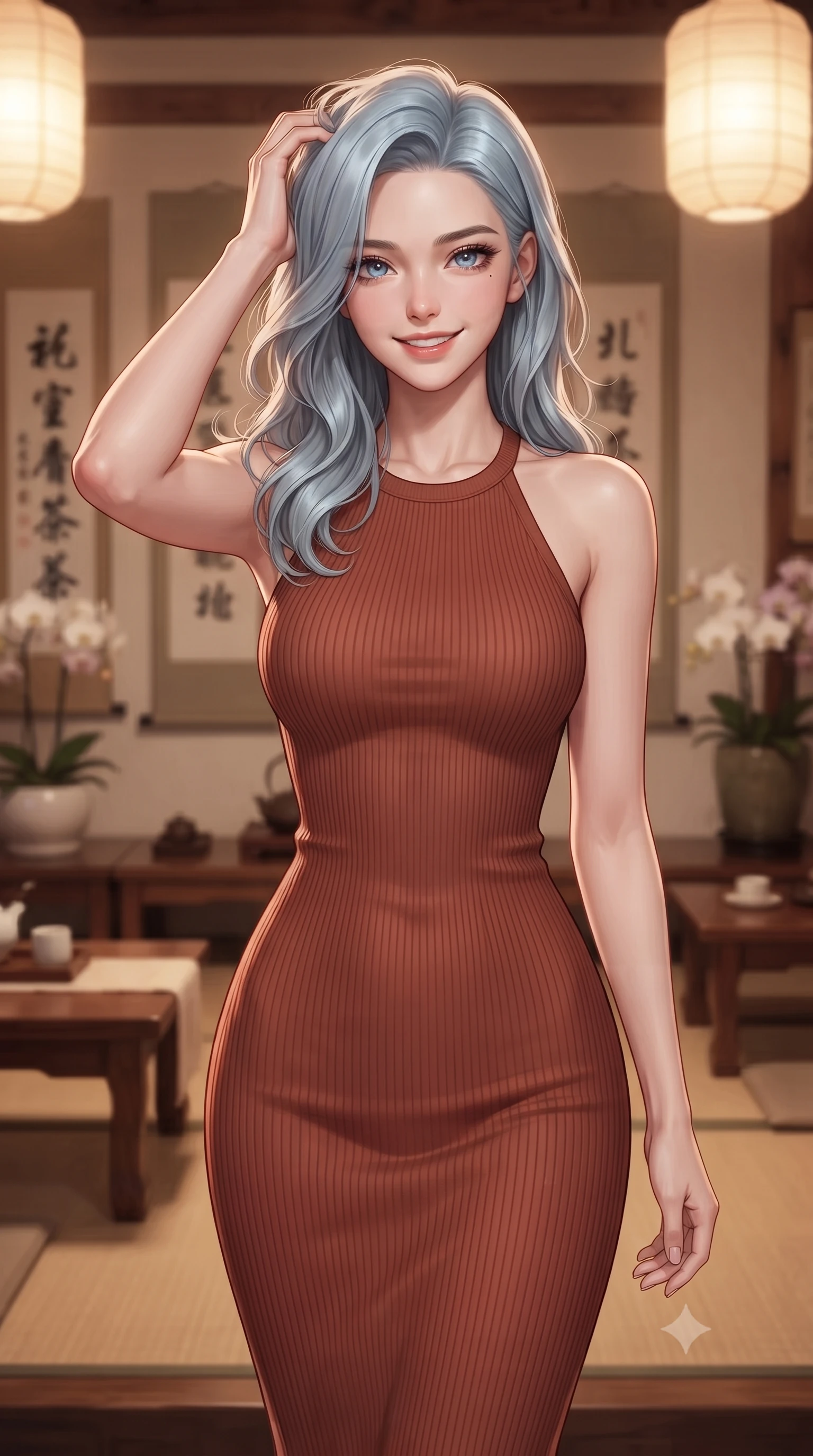 score_9, masterpiece, best quality, ultra-detailed, high-budget anime keyframe, editorial fashion photography, tasteful artistic composition, Korean woman woman. close-up cowboy shot from the waist and thighs up, the character dominates the composition, filling the frame with her large presence, background elements kept in soft focus. smiling with quiet, magnetic self-assurance directly into the camera, running a hand through her hair the background shows a soft-focus a tea room with low wooden tables, calligraphy hanging scrolls, and orchid plants. She has an exceptionally elegant, slender, and willowy female figure with an ultra-slim waist, a gracefully sculpted slender torso, and a refined silhouette. sharp v-shaped jawline, high-bridge nose, intricate jewel-like eyes with depth, thick eyelashes, glossy lips with a natural sheen. wearing a slim-fit form-contouring sleeveless ribbed knit halter midi dress in deep terracotta, tracing her willowy silhouette. soft warm paper lamp glow creating a quiet and meditative atmosphere. ultra-reflective glossy finish, specular highlights, metallic sheen, high-contrast stereoscopic depth, volumetric dynamic lighting, 2k, ultra detail, master piece, 9:16 ratio