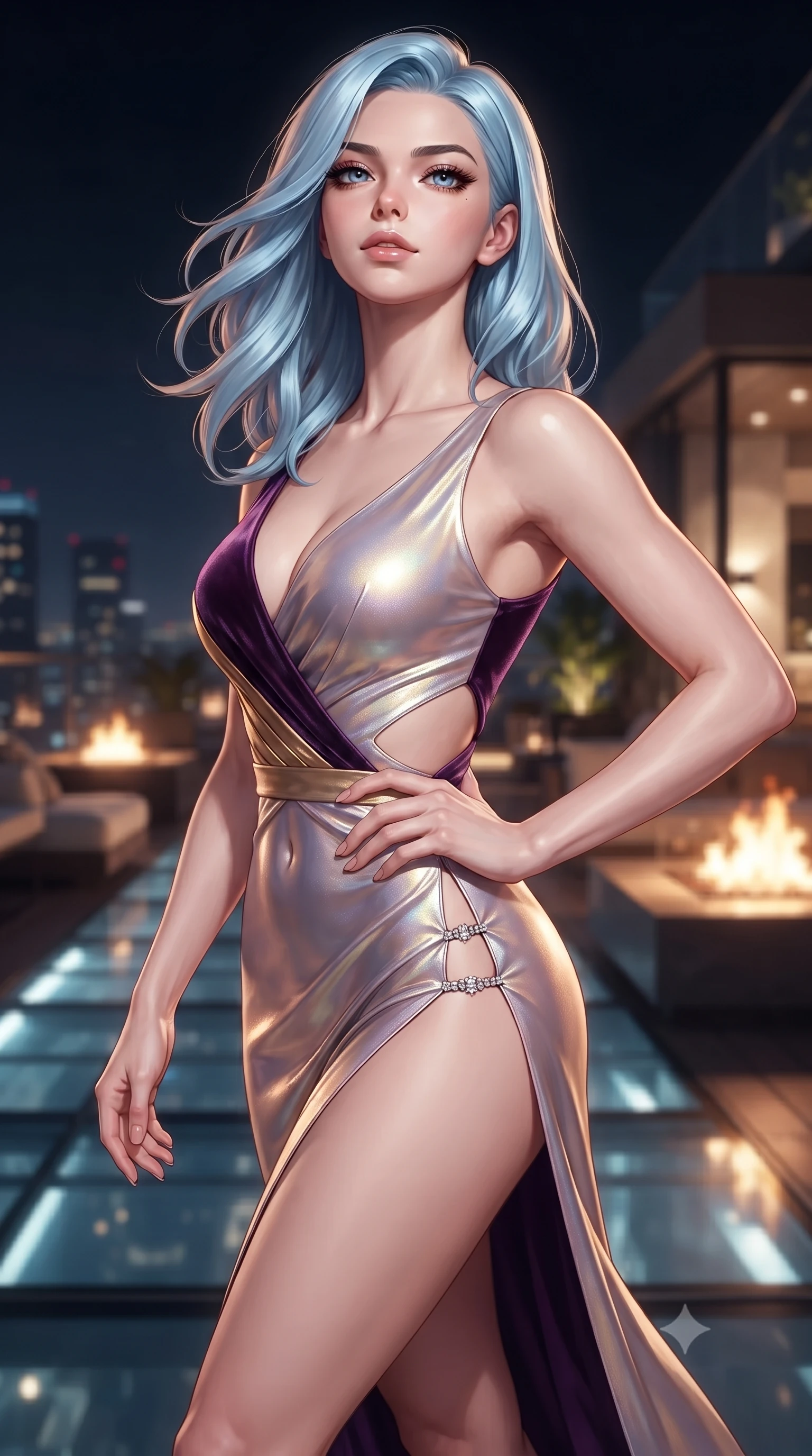 score_9, masterpiece, best quality, ultra-detailed, high-budget anime keyframe, editorial fashion photography, tasteful artistic composition, Korean woman. close-up cowboy shot from the waist and thighs up, the character dominates the composition, filling the frame with her large presence. tilting her chin up with proud, sovereign confidence while gazing directly into the lens with thick, dark eyelashes while striding along the illuminated glass deck with effortless high-fashion authority and statuesque poise. The composition keeps background elements in soft focus with creamy bokeh. penthouse glass architecture and glowing rooftop fire pits softened in cinematic shallow depth of field. She has an exceptionally elegant, slender, and willowy female figure with an ultra-slim waist, a gracefully sculpted slender torso, toned flat midriff, and a refined slim silhouette. sharp v-shaped jawline, high-bridge nose, intricate jewel-like eyes with depth, thick eyelashes, glossy lips with a natural sheen, captivating and magnetic expression, flawlessly proportioned anatomical accuracy, strict slender model proportions, natural body alignment, perfectly sculpted long slender limbs, ultra-slim waistline, clean dynamic posture without body distortion. wearing a sculpted metallic lamé evening dress with delicate side-waist diamond cutouts in imperial purple velvet and antique gold, tailored from ultra-smooth duchess satin with a pearlescent sheen, finished with an ultra-high side slit secured by miniature jeweled clasps, the form-contouring material adhering flawlessly to her sculpted flat midriff and slender torso, emphasizing her long leg lines and perfectly proportioned willowy build. surrounded by a cosmopolitan, elite, and intensely magnetic modern royalty aura. ultra-reflective glossy finish, specular highlights, rich textural contrasts, high-contrast stereoscopic depth, volumetric dynamic lighting, 2k, ultra detail, master piece, 9:16 ratio