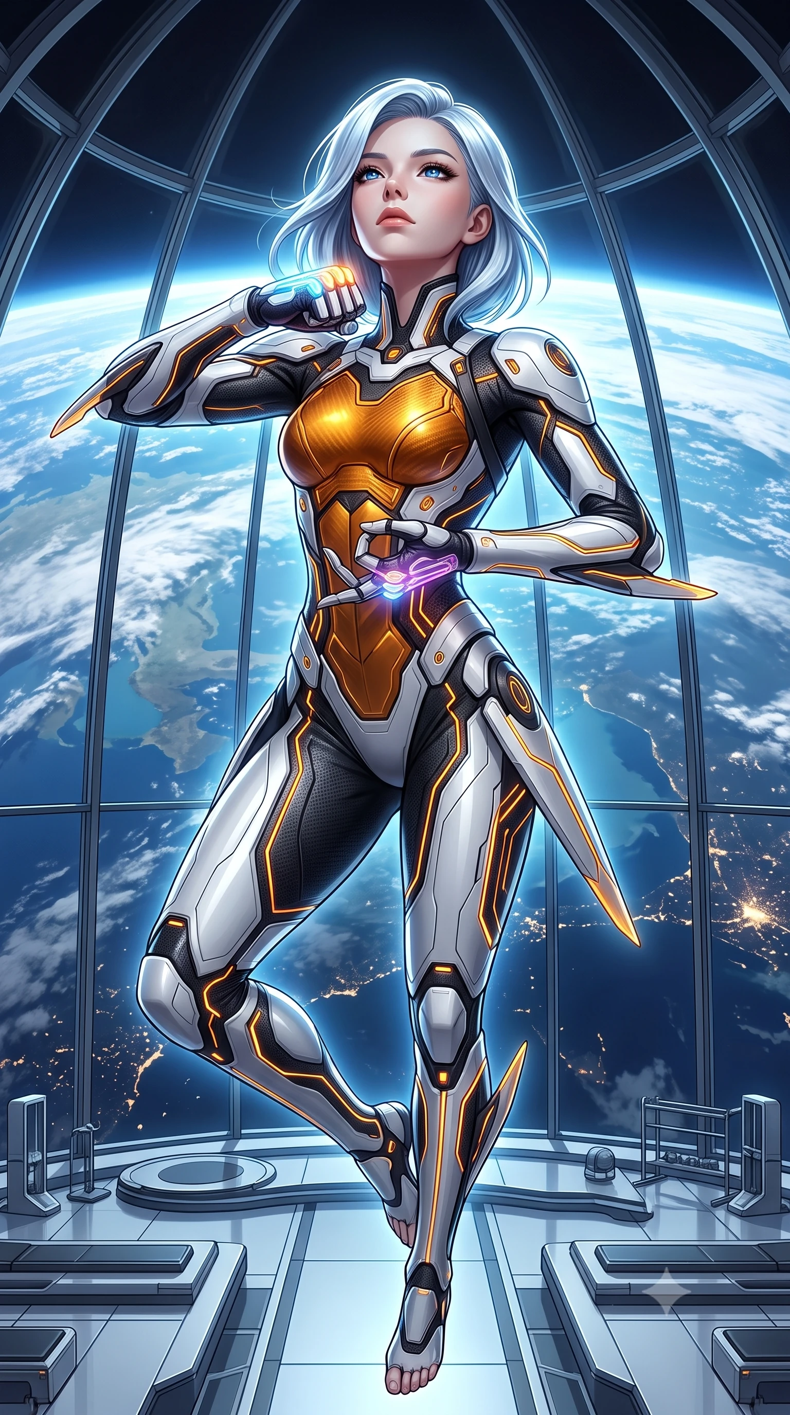 score_9, masterpiece, best quality, ultra-detailed, high-budget anime keyframe, semi-realistic 3D game render, editorial fashion photography, tasteful artistic composition, Korean woman. close-up cowboy shot from the waist and thighs up, the character dominates the composition, filling the frame with her large presence. tilting her head back with serene warrior composure, her sharp jawline and sculpted collarbones highlighted by glowing neon kinetic knuckles while floating in zero-gravity inside a soaring glass dome dojo overlooking the brilliant blue curvature of Earth while striking a serene martial arts pose. The surrounding environment is rendered in vivid detail and crisp panoramic clarity. dramatic orbital chiaroscuro and transcendent high-altitude martial arts architecture in panoramic precision. She has an exceptionally elegant, slender, and willowy female figure with an ultra-slim waist, a gracefully sculpted slender torso, toned flat midriff, and a refined slim silhouette. sharp v-shaped jawline, high-bridge nose, intricate jewel-like eyes with depth, thick eyelashes, glossy lips with a natural sheen, flawlessly proportioned anatomical accuracy, strict slender model proportions, natural body alignment, perfectly sculpted long slender limbs, ultra-slim waistline, clean dynamic posture without body distortion. wearing a high-contrast monochrome white-and-black carbon-composite exoskeleton suit with glowing amber circuitry and aerodynamic limb fins in molten amber-gold carbon cuirass with dark titanium weave, made of lightweight aerodynamic carbon-titanium alloy with polished edge bevels, complemented by criss-cross back harness straps highlighting her completely bare spine, the sleek second-skin cut tightly hugging her graceful clavicle, narrow waist, and feminine curves with athletic precision. surrounded by an awe-inspiring, serene, and radiantly supreme celestial martial goddess aura. rich saturated anime colors with glowing neon highlights, detailed shading with soft gradients, rich glossy textures, high-contrast stereoscopic depth, volumetric dynamic lighting, master piece, 9:16 ratio