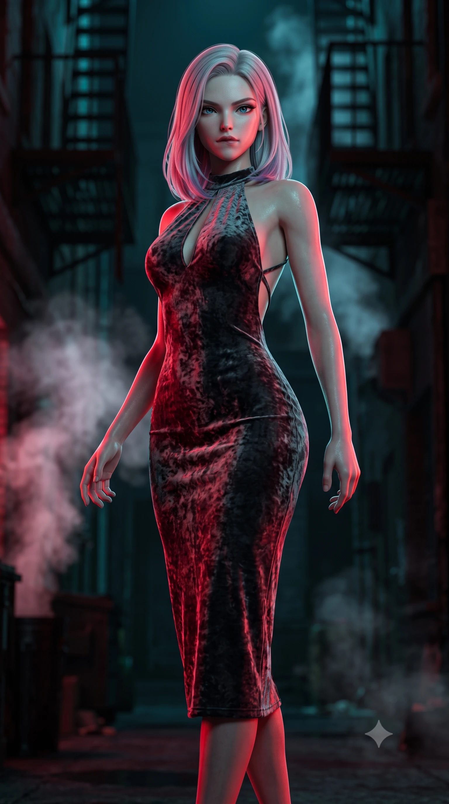 score_9, masterpiece, best quality, ultra-detailed, high-budget anime keyframe, semi-realistic 3D game render, editorial fashion photography, tasteful artistic composition, Caucasian woman. low angle full-body shot from head to toe showing her feet, filling the entire 9:16 vertical frame with her statuesque presence, stretching her vertical silhouette. pivoting dynamically in mid-motion with a breathtakingly alluring posture, displaying her flawless model proportions, toned flat midriff, and ultra-slim waist while biting her lower lip lightly with an intoxicating, dangerous smolder gazing directly into the lens under wet neon glare. The composition keeps background elements in soft focus with creamy bokeh. dark alleyway fire escapes and rising steam plumes softened in moody shallow focus. She has an absolutely perfect, statuesque 8.5-heads proportion, an exceptionally tall and slender model-like female figure with impossibly long slender legs, a toned flat midriff, and an ultra-slim waist. sharp v-shaped jawline, high-bridge nose, intricate jewel-like eyes with depth, thick eyelashes, glossy lips with a natural sheen, flawlessly proportioned anatomical accuracy, strict slender model proportions, natural body alignment, perfectly sculpted long slender limbs, ultra-slim waistline, clean dynamic posture without body distortion. wearing a velvet halter-neck midi dress fitting her statuesque contour flawlessly with a Tasteful chest slit and open spine in smoky charcoal grey and glowing crimson filaments, made of rich crushed velvet that catches deep directional light with soft gradients, complemented by criss-cross back straps highlighting her completely bare spine, the form-contouring material adhering flawlessly to her sculpted flat midriff and slender torso, emphasizing her long leg lines and perfectly proportioned willowy build. bathed in vivid high-contrast neon crimson and deep cyan ambient rim lighting. rich saturated anime colors with deep moody shadows, detailed chiaroscuro shading with soft gradients, rich glossy textures, high-contrast stereoscopic depth, volumetric dynamic shadow lighting, master piece, 9:16 ratio