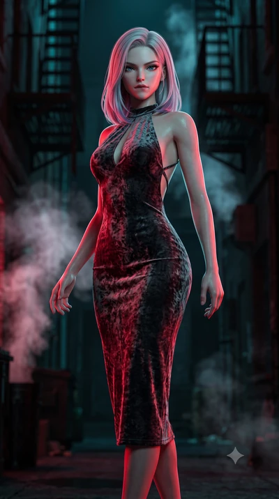score_9, masterpiece, best quality, ultra-detailed, high-budget anime keyframe, semi-realistic 3D game render, editorial fashion photography, tasteful artistic composition, Caucasian woman. low angle full-body shot from head to toe showing her feet, 