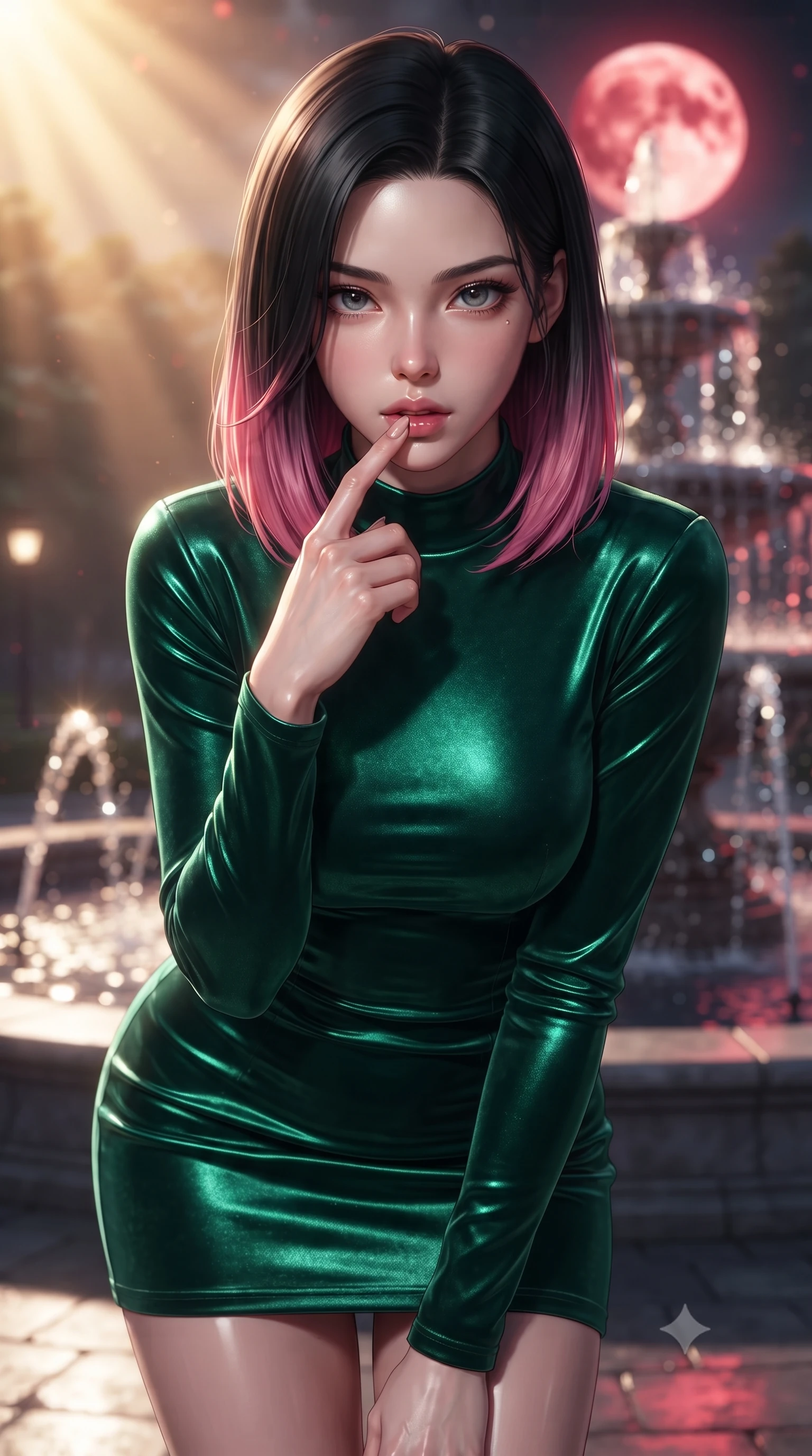 score_9, masterpiece, best quality, ultra-detailed, high-budget anime keyframe, editorial fashion photography, tasteful artistic composition, Korean woman. close-up cowboy shot from the waist and thighs up, the character dominates the composition, filling the frame with her large presence, background elements kept in soft focus. pressing one finger to her bottom lip in a thoughtful, seductive gesture under the warm sun the background shows a soft-focus a celestial fountain plaza with sparkling water jets reflecting a blood moon. She has an exceptionally elegant, slender, and willowy female figure with an ultra-slim waist, a gracefully sculpted slender torso, and a refined silhouette. sharp v-shaped jawline, high-bridge nose, intricate jewel-like eyes with depth, thick eyelashes, glossy lips with a natural sheen. wearing a tailored body-hugging emerald green velvet dress with a simple mock-neck collar. deep crimson moonbeams contrasting with cool white water glints. ultra-reflective glossy finish, specular highlights, metallic sheen, high-contrast stereoscopic depth, volumetric dynamic lighting, 2k, ultra detail, master piece, 9:16 ratio