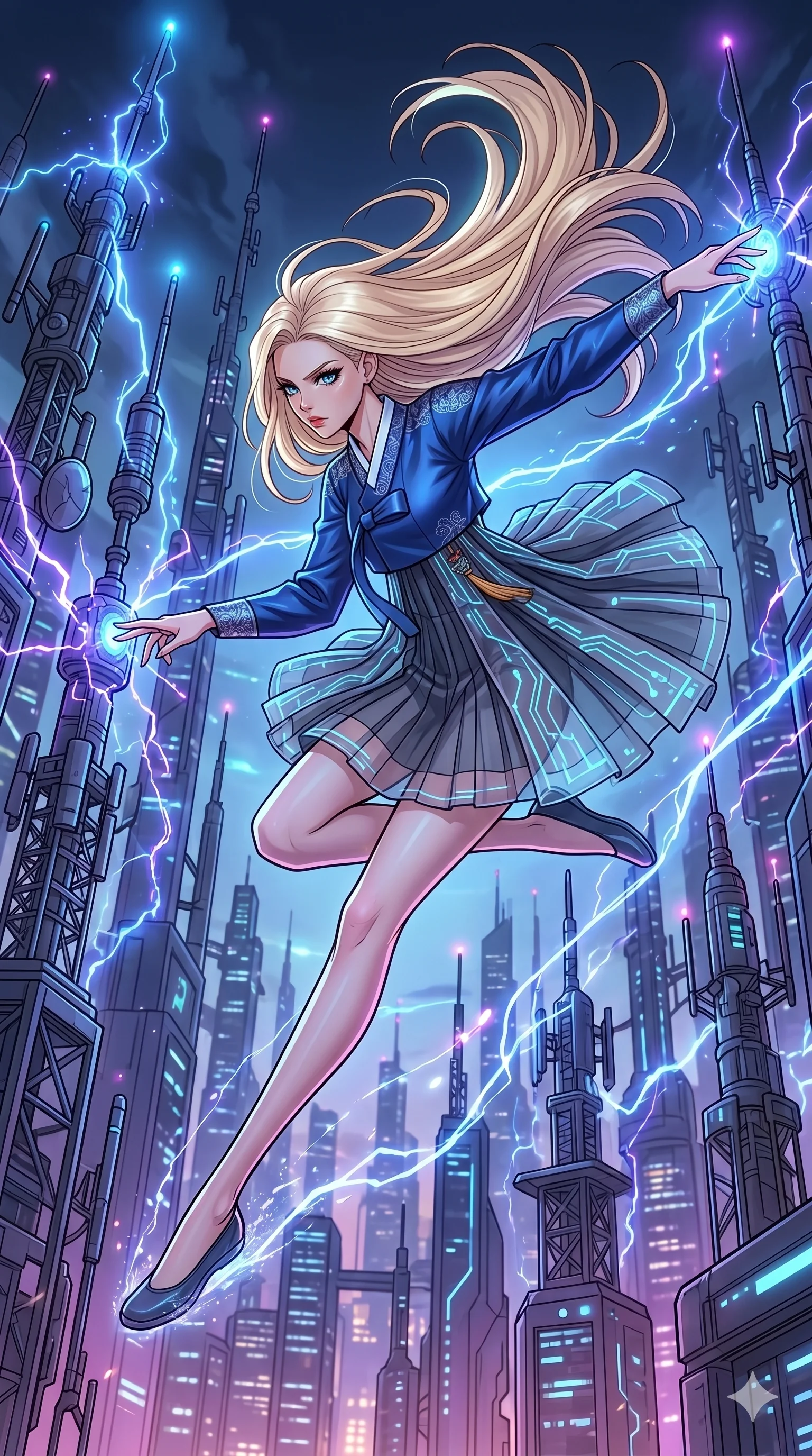 score_9, masterpiece, best quality, ultra-detailed, high-budget anime movie keyframe, cinematic anime lighting, intricate line art, Korean anime girl. Mid-air action shot capturing a graceful twist and vertical silhouette. interfacing with a forest of antenna that pulse with electricity. She has an absolutely perfect 8-heads proportion, an exceptionally tall and slender female figure with an ultra-slim waist and impossibly long slender legs. strictly human anatomy, two legs only, no extra limbs, clearly defined legs and arms, perfect anatomy, perfect hands and fingers. sharp v-shaped jawline, high-bridge nose, intricate jewel-like eyes, thick eyelashes, glossy lips. Wearing Modern Traditional: Shortened cyber-hanbok with fusion silk robes and transparent panels. The scene is illuminated by dramatic atmospheric lighting and vibrant color palettes. , 2k, ultra detail, master piece, 9:16 ratio