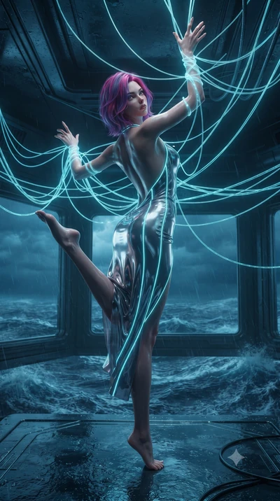 score_9, masterpiece, best quality, ultra-detailed, High-budget Anime Keyframe, editorial fashion photography, tasteful artistic composition, realistic cosplay photography, Caucasian woman, strictly human ears. Dynamic full-body shot stretching the v