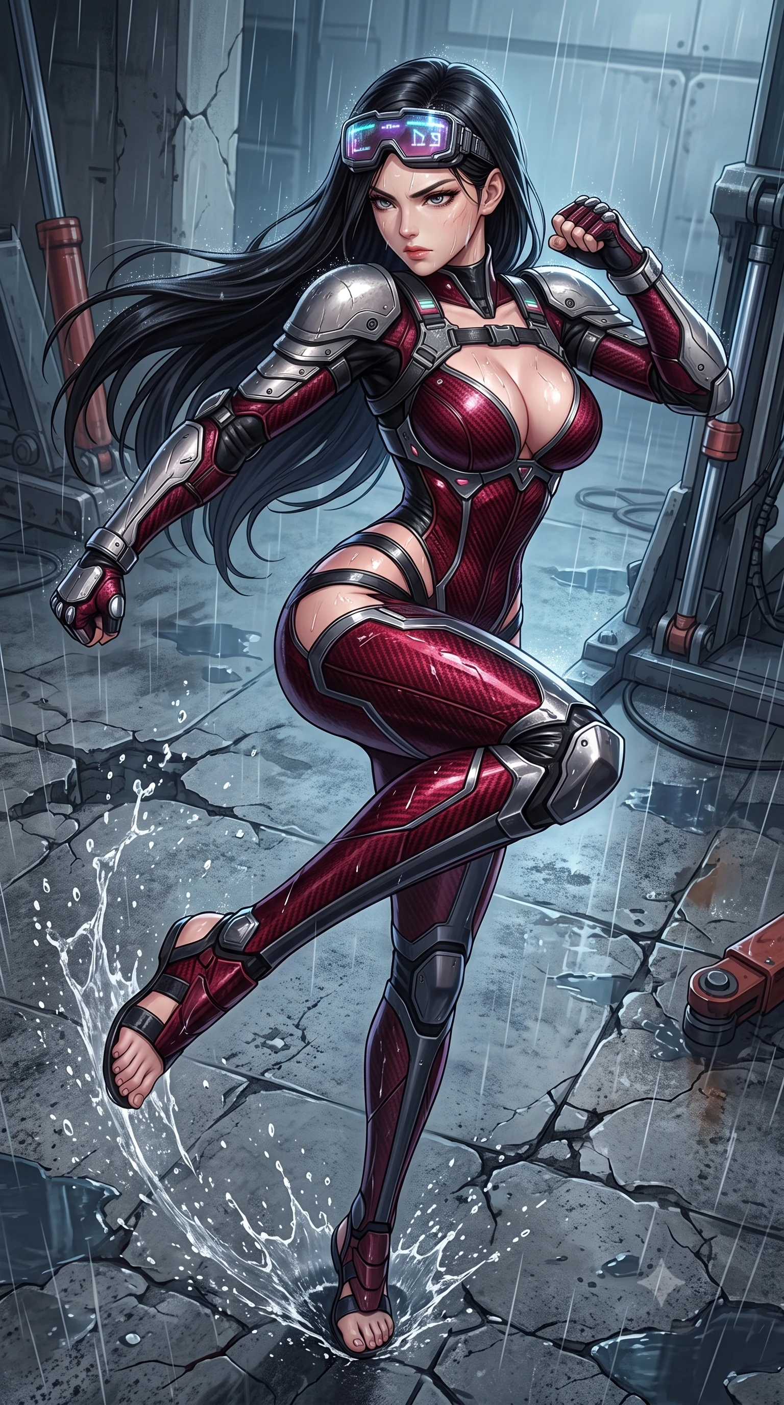 score_9, masterpiece, best quality, ultra-detailed, high-budget anime keyframe, semi-realistic 3D game render, editorial fashion photography, tasteful artistic composition, Korean woman. low angle full-body shot from head to toe showing her feet, filling the entire 9:16 vertical frame with her statuesque presence, stretching her vertical silhouette. pivoting dynamically in a high-speed low sweep kick along the cracked concrete, her athletic torso and ultra-slim waist twisting in a fluid arc of power while arching her spine in a fluid stretch as rain washes the dust from her bare neck and determined face. The surrounding environment is rendered in vivid detail and crisp panoramic clarity. sharp hydraulic piston seams, rain droplet tracks on skin, and battle-scuffed armor details in high clarity. She has an absolutely perfect, statuesque 8.5-heads proportion, an exceptionally tall and slender model-like female figure with impossibly long slender legs, a toned flat midriff, and an ultra-slim waist. sharp v-shaped jawline, high-bridge nose, intricate jewel-like eyes with depth, thick eyelashes, glossy lips with a natural sheen, fierce and resolute heroine expression, flawlessly proportioned anatomical accuracy, strict slender model proportions, natural body alignment, perfectly sculpted long slender limbs, ultra-slim waistline, clean dynamic posture without body distortion. wearing high-tech holographic tactical goggles resting tipped up on her forehead, casting glowing neon runes across her brow without obscuring her features, paired with a statuesque high-fashion cyber-warrior armor suit with platinum bevels, heavy articulated shoulder guards, and an ultra-slim waist-cinching corset in deep battle-scarred crimson carbon weave with specular dark chrome accents, crafted from ultra-strong woven carbon-fiber composite with battle-tested satin luster, reinforced by a heavy-duty titanium tactical harness and glowing micro-energy status straps, the precision-cut daring openings accentuating her delicate midriff, graceful bare collarbones, and ultra-slim feminine waistline. surrounded by a triumphant, exhausted yet indomitable lone heroine sovereignty aura. rich saturated anime colors with glowing neon highlights, detailed shading with soft gradients, rich glossy textures, high-contrast stereoscopic depth, volumetric dynamic lighting, master piece, 9:16 ratio