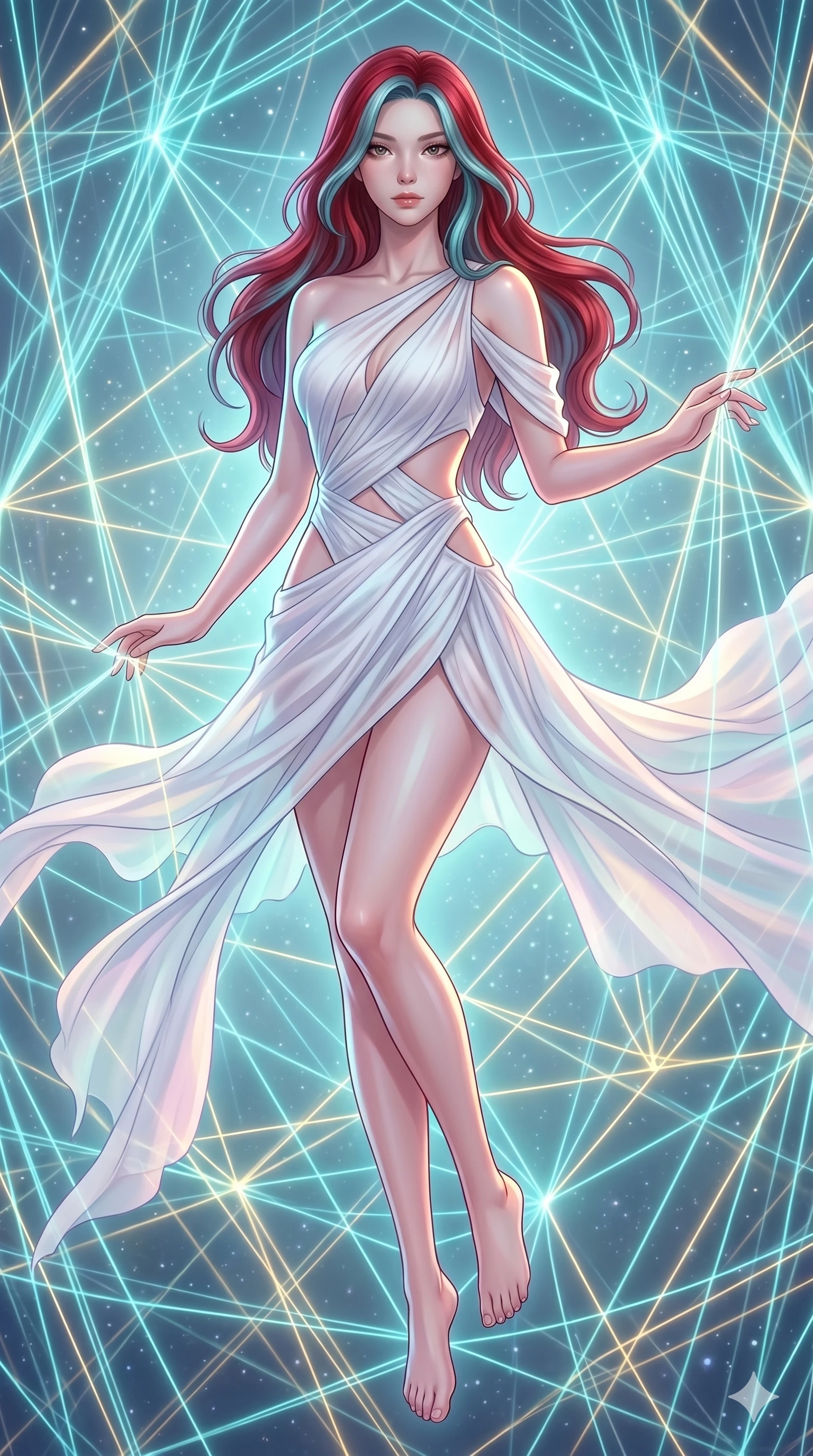 score_9, masterpiece, best quality, ultra-detailed, high-budget anime keyframe, Caucasian woman, strictly human ears. upper body close-up from the thighs up, character filling the screen for maximum presence. floating suspended in an ethereal loom room where millions of luminescent cyan and gold threads intersect and weave geometric patterns. She has an absolutely perfect 8-heads proportion, an exceptionally tall and slender female figure with impossibly long slender legs and an ultra-slim waist. V-shaped jawline, high-bridge nose, intricate jewel-like eyes with depth, thick eyelashes, glossy lips with a natural sheen.. wearing an asymmetric chiffon draped couture mini dress, featuring draped white chiffon fabric twisting around her body with elegant diamond cutouts on the waist. enhanced by a luminous pastel spectrum glow, casting elegant rim lights on her shoulders and jawline. 2k, ultra detail, master piece, 9:16 ratio