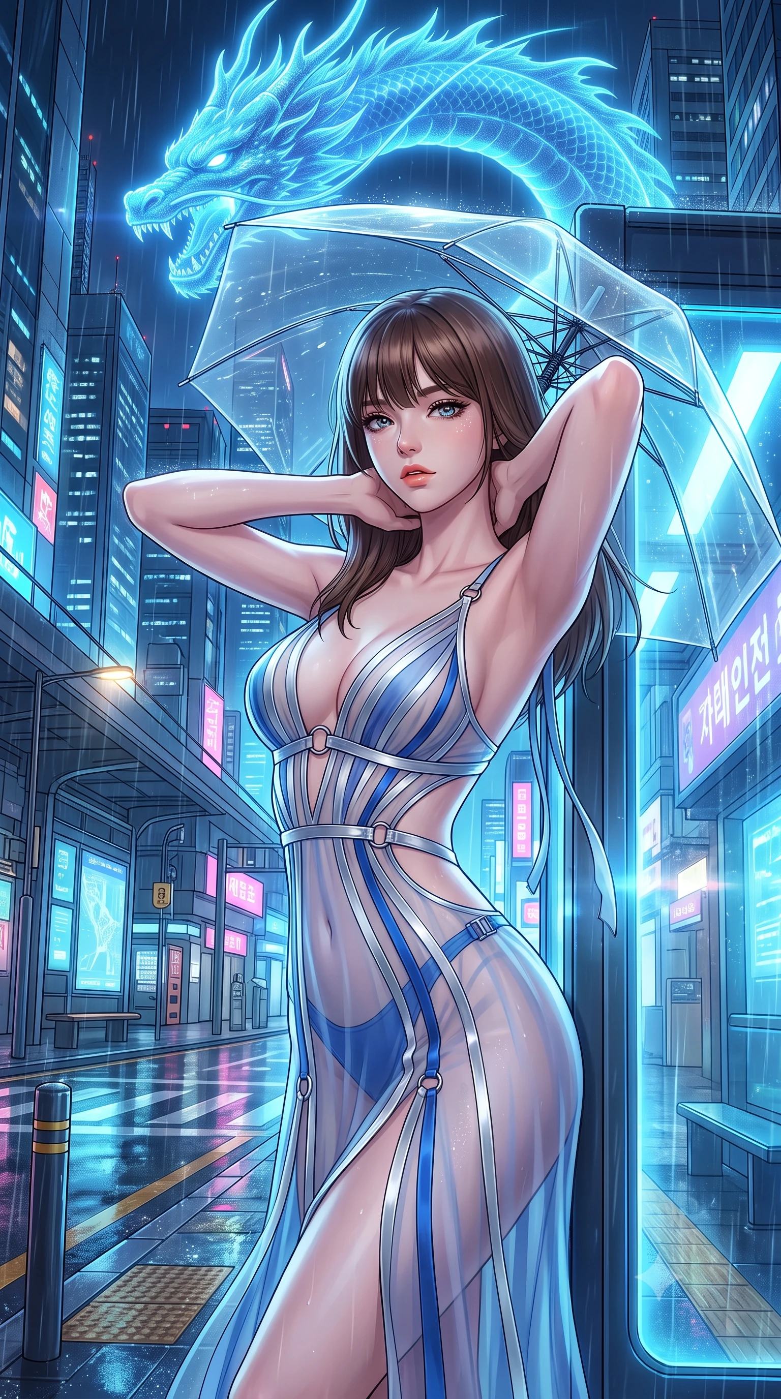 score_9, masterpiece, best quality, ultra-detailed, high-budget anime keyframe, semi-realistic 3D game render, editorial fashion photography, tasteful artistic composition, Korean woman. close-up cowboy shot from the waist and thighs up, the character dominates the composition, filling the frame with her large presence. resting both hands lightly behind her neck with elbows raised, arching her spine to highlight her narrow waist, flat midriff, and breathtaking collarbones while leaning against the glowing smart-glass transit shelter with hips cocked back, gazing through transparent laser umbrella canopy with smoldering bedroom-eyes. The surrounding environment is rendered in vivid detail and crisp panoramic clarity: detailed garment styling, crisp anime lines, and futuristic Korean metropolis architecture in high resolution. She has an exceptionally elegant, slender, and willowy female figure with an ultra-slim waist, flat toned midriff, narrow ribcage, and sculpted feminine hips creating an alluring, slim hourglass silhouette without bulk. sharp v-shaped jawline, high-bridge nose, intricate jewel-like sparkling eyes with depth, thick eyelashes, glossy parted lips with a natural peach sheen, bright cheerful beaming smile with an enchanting and coquettish sensual glint, exuding both youthful cute charm and seductive allure, flawlessly proportioned anatomical accuracy, strict slender model proportions, natural body alignment, perfectly sculpted long slender limbs, ultra-slim waistline, clean dynamic posture without body distortion. wearing a plunge-front sheer illusion tulle slip dress with liquid platinum ribbon stripes hugging her curves in Shackleton lunar ice silver and Earthrise cobalt, adorned with delicate chrome ring hardware and cutouts along her slender waist, finished with sleek magnetic buckle closures fluttering in the breeze, the impeccably tailored cut draping gracefully along her slender figure with aristocratic poise. bathed in the glowing azure radiance of the monumental holographic dragon mixed with neon street reflections. highly saturated vibrant anime colors, detailed shading with soft gradients, rich glossy textures, high-contrast stereoscopic depth, volumetric dynamic lighting, master piece, 9:16 ratio