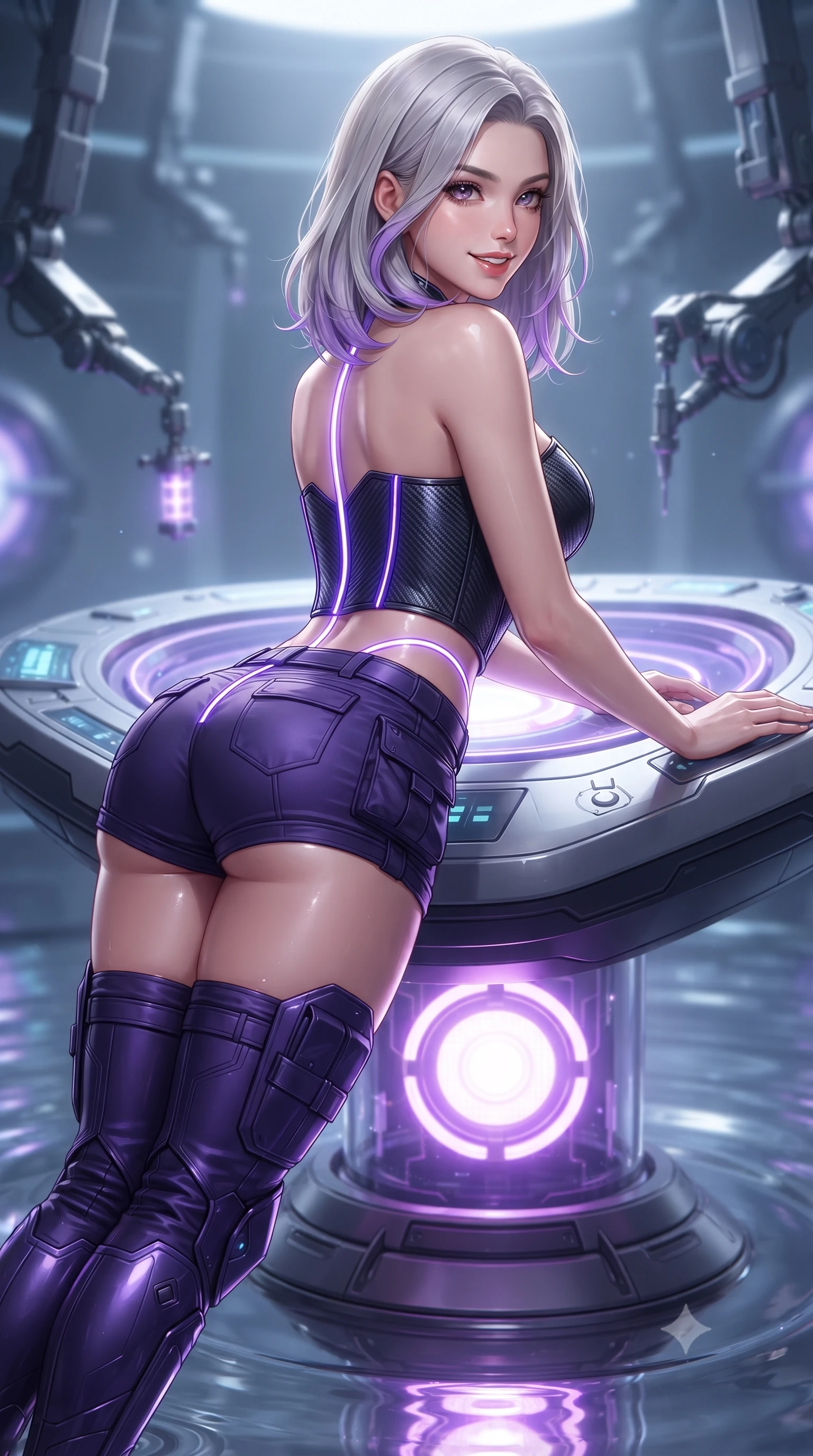 score_9, masterpiece, best quality, ultra-detailed, high-budget anime keyframe, editorial fashion photography, tasteful artistic composition, Caucasian woman. close-up cowboy shot from the waist and thighs up, the character dominates the composition, filling the frame with her large presence. posing in an alluring rear three-quarter angle, turning over a bare shoulder with an intoxicating gaze, her hips cocked back to highlight her slim hourglass curve against the glowing reactor while lounging on an elevated carbon-composite console propped on one elbow, her flat midriff and long slender limbs glowing in liquid metal reflections. The background shows a soft-focus hovering molecular printer arms and magnetic field emitters softened in high-tech foundry shallow focus. She has an exceptionally elegant, slender, and willowy female figure with an ultra-slim waist, flat toned midriff, narrow ribcage, and sculpted feminine hips creating an alluring, slim hourglass silhouette without bulk. sharp v-shaped jawline, high-bridge nose, intricate jewel-like sparkling eyes with depth, thick eyelashes, glossy parted lips with a natural sheen, bright confident smile with an enchanting and coquettish sensual glint, exuding both youthful magnetic charm and sovereign high-tech allure, flawlessly proportioned anatomical accuracy, strict slender model proportions, natural body alignment, perfectly sculpted long slender limbs, ultra-slim waistline, clean dynamic posture without body distortion. wearing a sculpted carbon-fiber bustier armor top paired with ultra-tight tactical cargo shorts and thigh-high armored boots in neon electric violet and deep space obsidian, made of supple second-skin compression stretch jersey clinging flawlessly to her form, accented with glowing neon fiber-optic piping tracing her spine and hip lines, the liquid-tight tailored fabric clinging flawlessly to her narrow waist and rounded feminine hips, emphasizing every millimeter of her sculpted slim hourglass curves without any bulky heaviness. bathed in the blinding mirror-like sheen and specular reflections of liquid mercury pools. ultra-reflective glossy finish, specular highlights, rich textural contrasts, high-contrast stereoscopic depth, volumetric dynamic lighting, 2k, ultra detail, master piece, 9:16 ratio