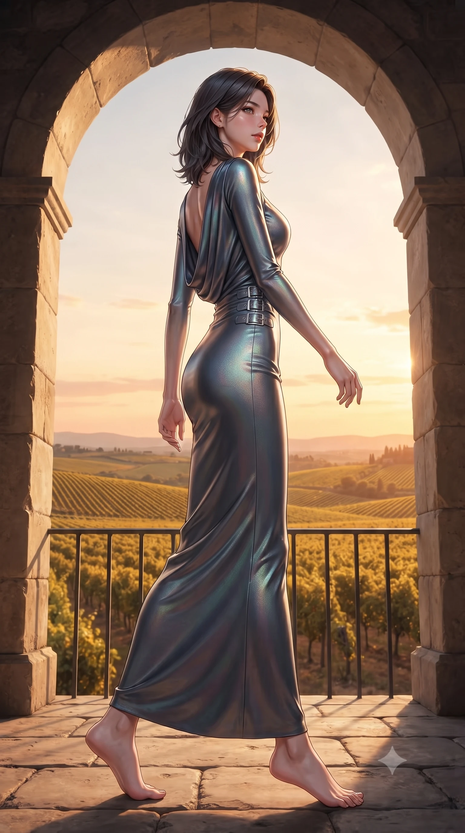 score_9, masterpiece, best quality, ultra-detailed, high-budget anime keyframe, editorial fashion photography, tasteful artistic composition, Korean woman. low angle full-body shot from head to toe showing her feet, filling the entire 9:16 vertical frame with her statuesque presence, stretching her vertical silhouette. forging dynamically through the scene, her vertical silhouette beautifully stretched looking out from an archway balcony over rolling golden Tuscan vineyards at dusk, warm golden evening light painting the horizon in peach and amber tones. She has an absolutely perfect, statuesque 8.5-heads proportion, an exceptionally tall and slender model-like female figure with impossibly long slender legs and an ultra-slim waist. sharp v-shaped jawline, high-bridge nose, intricate jewel-like eyes with depth, thick eyelashes, glossy lips with a natural sheen. wearing a precision-fitted liquid jersey bodycon dress with a draped back in charcoal grey and platinum, crafted from iridescent chiffon that shifts colors in the light, detailed with polished silver buckles along the waistline, the tailored fabric tightly following every curve of her athletic build. bathed in bright white Mediterranean sunbeams and deep blue sky reflections. ultra-reflective glossy finish, specular highlights, metallic sheen, high-contrast stereoscopic depth, volumetric dynamic lighting, 2k, ultra detail, master piece, 9:16 ratio