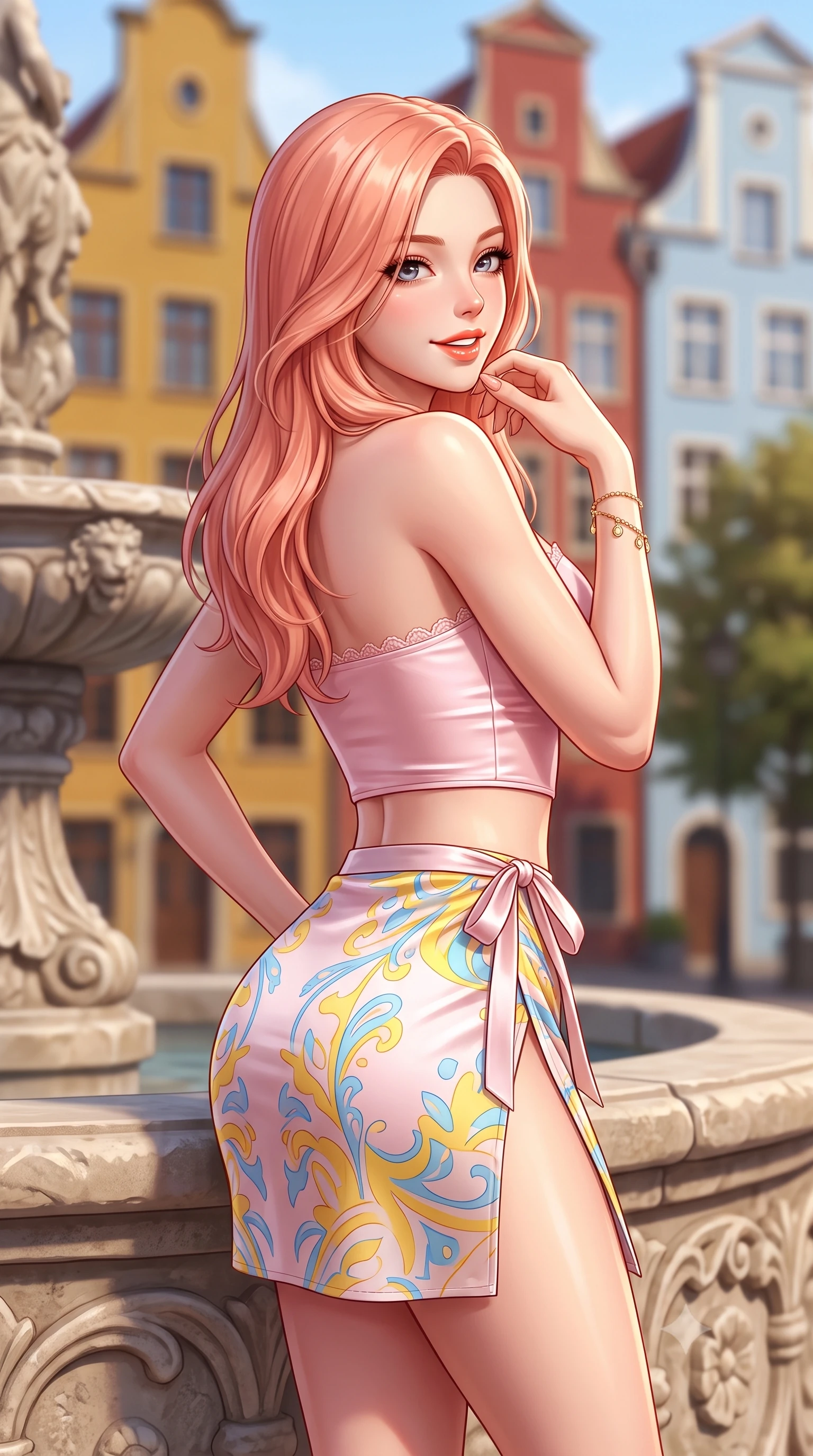 score_9, masterpiece, best quality, ultra-detailed, high-budget anime keyframe, semi-realistic 3D game render, editorial fashion photography, tasteful artistic composition, Japanese woman. close-up cowboy shot from the waist and thighs up, the character dominates the composition, filling the frame with her large presence. posing in an alluring rear three-quarter angle, turning over a bare shoulder with an intoxicating cute smile, her hips cocked back to highlight her slim hourglass curve while leaning against a carved stone fountain rim with hips cocked back, looking over a bare shoulder with an alluring, carefree girlhood gaze. The composition keeps background elements in soft focus with dreamy creamy bokeh. tall gabled 17th-century terracotta and ochre merchant houses blurred into warm mustard, brick-red, and pale sky-blue bokeh. She has an exceptionally elegant, slender, and willowy female figure with an ultra-slim waist, flat toned midriff, narrow ribcage, and sculpted feminine hips creating an alluring, slim hourglass silhouette without bulk. sharp v-shaped jawline, high-bridge nose, intricate jewel-like sparkling eyes with depth, thick eyelashes, glossy parted lips with a natural peach sheen, bright cheerful beaming smile with an enchanting and coquettish sensual glint, exuding both youthful cute charm and seductive allure, flawlessly proportioned anatomical accuracy, strict slender model proportions, natural body alignment, perfectly sculpted long slender limbs, ultra-slim waistline, clean dynamic posture without body distortion. wearing a sweetheart-neckline baby-pink crop top with a high-slit wrap mini skirt accentuating her waist-to-hip curve in sunny daffodil yellow and clear sky blue, made of smooth fluid silk satin with a delicate pearlescent sheen, finished with delicate lace scallop edging along the neckline, the liquid-tight tailored fabric clinging flawlessly to her narrow waist and rounded feminine hips, emphasizing every millimeter of her sculpted slim hourglass curves without any bulky heaviness. illuminated by vibrant painted facade bounce light contouring her razor-sharp jawline, narrow waist, and curvy hips. highly saturated vibrant anime colors, detailed shading with soft gradients, rich glossy textures, high-contrast stereoscopic depth, volumetric dynamic lighting, master piece, 9:16 ratio