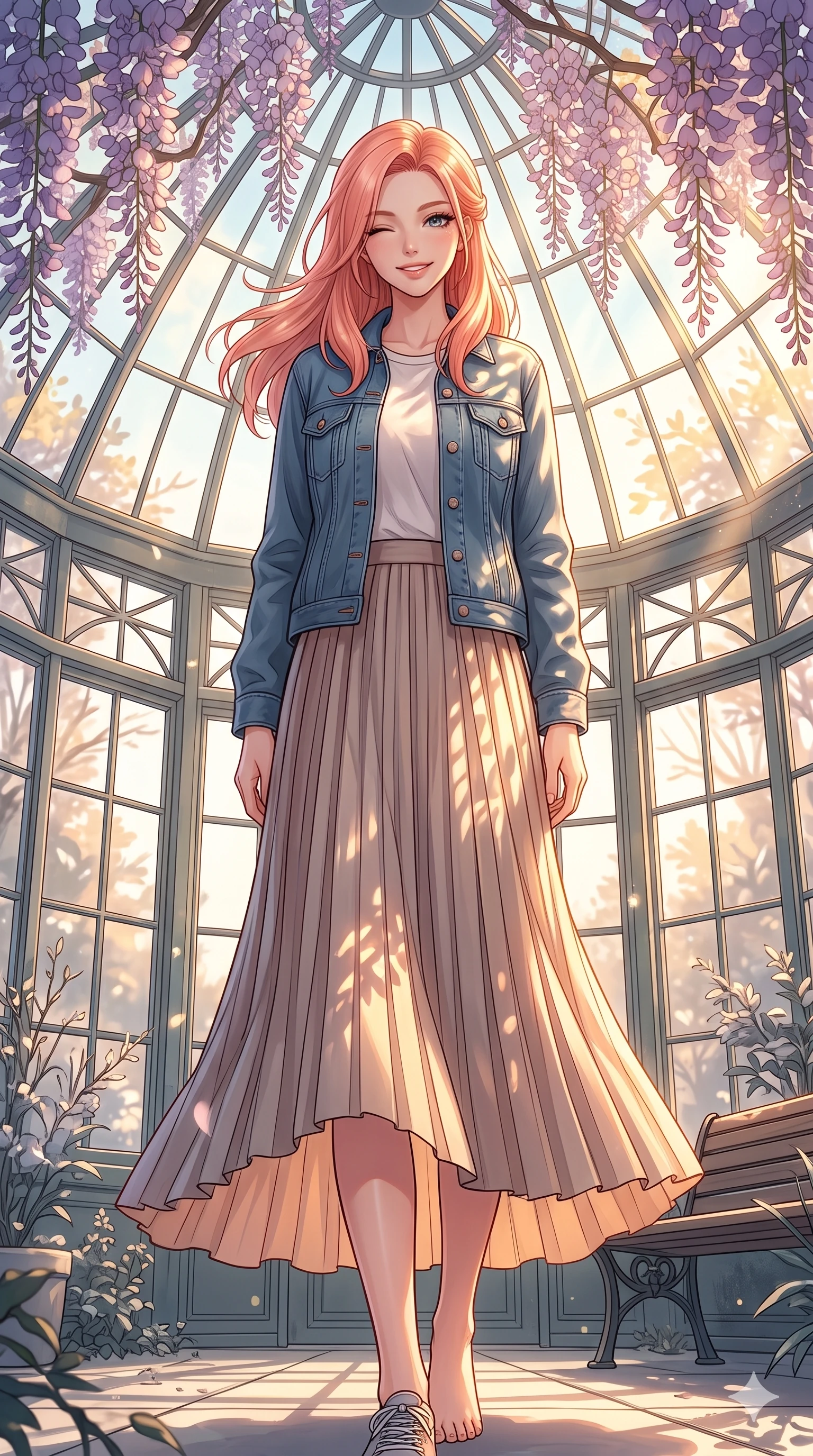 score_9, masterpiece, best quality, ultra-detailed, high-budget anime keyframe, vibrant anime aesthetic, Japanese woman. low angle full-body shot from head to toe showing her feet, filling the entire 9:16 vertical frame with her statuesque presence, stretching her vertical silhouette. She is standing under wisteria vines, winking with a delightful and smiling face in winter standing in a quiet glass dome sanctuary with winter sunbeams (Code-P20-040). She has an absolutely perfect 8-heads proportion, an exceptionally tall and slender female figure with impossibly long slender legs and an ultra-slim waist. V-shaped jawline, high-bridge nose, intricate jewel-like eyes with depth, thick eyelashes, glossy lips with a natural sheen. wearing a modern denim jacket over a cotton tee and long pleated skirt in winter. She is drenched in brilliant morning winter sunshine, casting long warm highlights and leaf patterns. 2k, ultra detail, master piece, 9:16 ratio