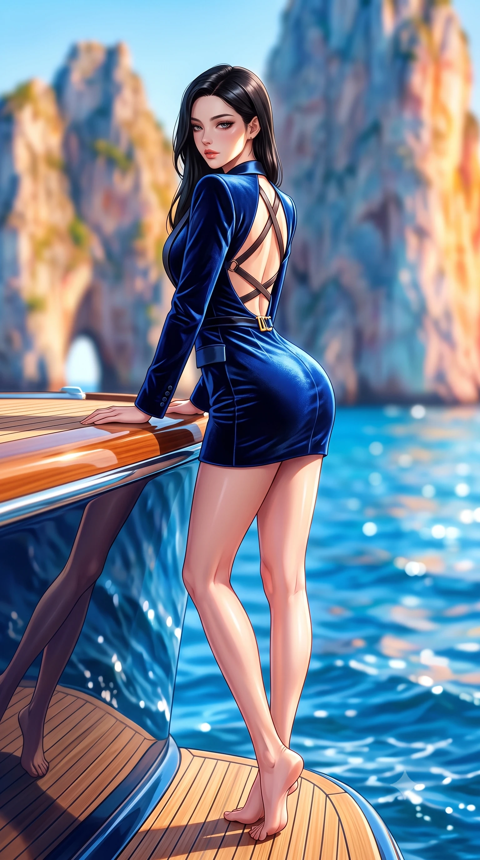 score_9, masterpiece, best quality, ultra-detailed, high-budget anime keyframe, semi-realistic 3D game render, editorial fashion photography, tasteful artistic composition, Korean woman. low angle full-body shot from head to toe showing her feet, filling the entire 9:16 vertical frame with her statuesque presence, stretching her vertical silhouette. posing with back turned slightly to the lens, glancing back with smoldering allure as she arches her lower back to emphasize her sculpted feminine hips and slender waist while perching on the teak gunwale of a luxury Riva yacht anchored beside the iconic Faraglioni sea stacks, hips angled toward the azure Mediterranean. The composition keeps background elements in soft focus with creamy bokeh. towering Faraglioni sea stack limestone cliffs and crystalline cobalt waves blurred into radiant azure, gold, and coral bokeh. She has an exceptionally tall and slender model-like 8.5-heads proportion, an ultra-slim waist, a flat toned midriff, narrow delicate ribcage, and beautifully sculpted feminine hips creating a graceful, slim hourglass silhouette without any bulky heaviness, with impossibly long slender legs. sharp v-shaped jawline, high-bridge nose, intricate jewel-like eyes with depth, thick eyelashes, glossy parted lips with a natural sheen, intensely captivating and seductive bedroom-eyes expression, flawlessly proportioned anatomical accuracy, strict slender model proportions, natural body alignment, perfectly sculpted long slender limbs, ultra-slim waistline, clean dynamic posture without body distortion. wearing a tailored velvet tuxedo jacket dress with satin lapels, worn with a deep plunge neckline and gold hip buckle in royal sapphire blue and liquid bronze, crafted from heavyweight crushed silk velvet with liquid vintage luster, featuring an open-back criss-cross harness strap in dark leather, the glove-like aerodynamic silhouette tightly following the natural contour of her hips and long slender legs with statuesque 8.5-heads elegance. illuminated by intense specular sea surface reflections carving her razor-sharp jawline, narrow waist, and curvy hips. highly saturated vibrant anime colors, detailed shading with soft gradients, rich glossy textures, high-contrast stereoscopic depth, volumetric dynamic lighting, master piece, 9:16 ratio