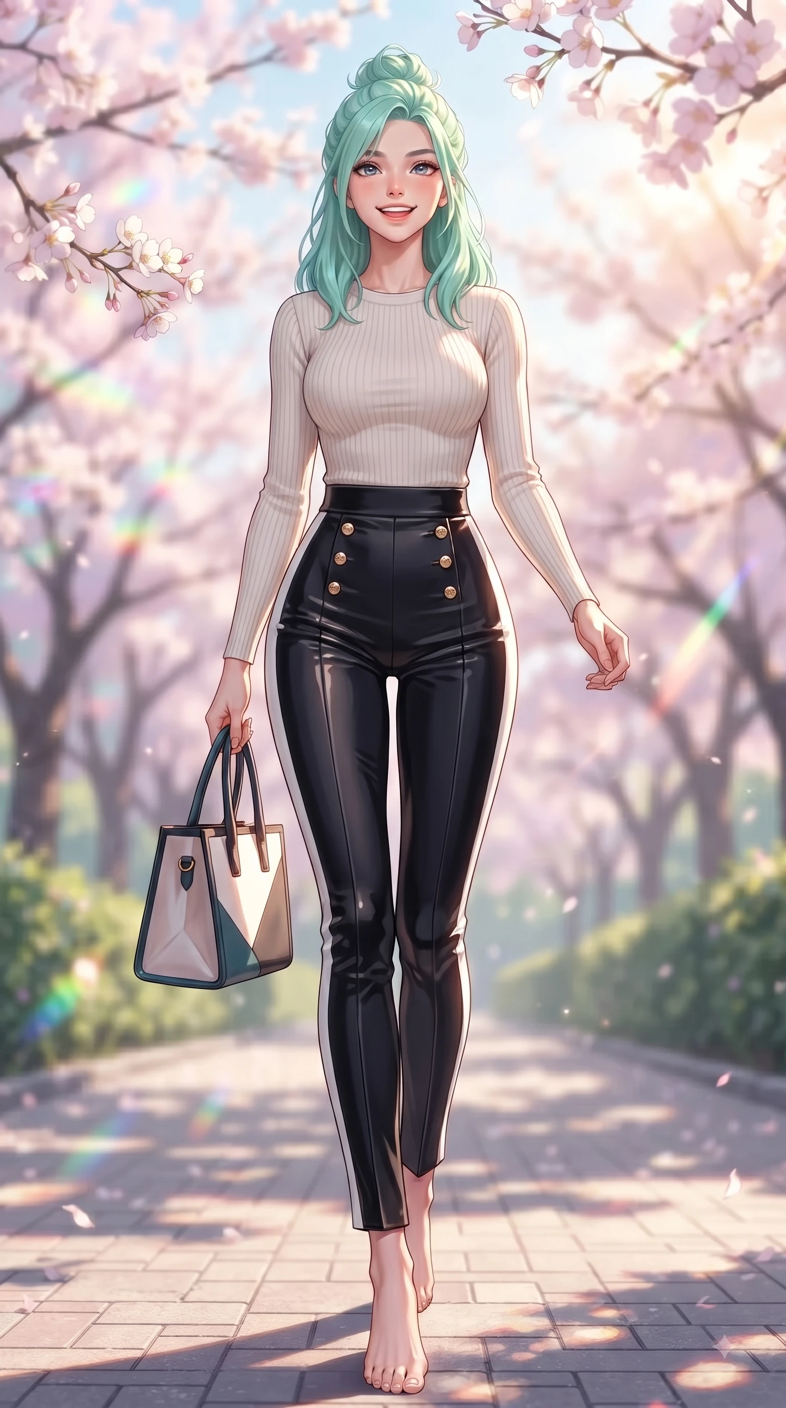 score_9, masterpiece, best quality, ultra-detailed, high-budget anime keyframe, editorial fashion photography, tasteful artistic composition, Japanese woman. low angle full-body shot from head to toe showing her feet, filling the entire 9:16 vertical frame with her statuesque presence, stretching her vertical silhouette. walking forward in a proud dynamic stride with a cheerful beaming smile, her vertical silhouette filling the frame while stepping along a paved park trail carrying a tote bag with fresh youthful charm. The composition keeps background elements in soft focus with dreamy bokeh. pastel spring sky refractions and flower branches blurred in smooth creamy depth. She has an absolutely perfect, statuesque 8.5-heads proportion, an exceptionally tall and slender model-like female figure with impossibly long slender legs and an ultra-slim waist. sharp v-shaped jawline, high-bridge nose, intricate jewel-like eyes with depth, thick eyelashes, glossy lips with a natural sheen, flawlessly proportioned anatomical accuracy, natural body alignment, perfectly sculpted elegant limbs, clean dynamic posture without body distortion. wearing a form-contouring ribbed knit top paired with high-waisted tailored stretch trousers in sleek jet black and pure white contrast, made of lustrous stretch velvet, adorned with delicate gold buttons along the front, the tailored fabric tightly following every curve of her athletic build. bathed in bright morning sunbeams and warm golden sakura backlighting. ultra-reflective glossy finish, specular highlights, metallic sheen, high-contrast stereoscopic depth, volumetric dynamic lighting, 2k, ultra detail, master piece, 9:16 ratio