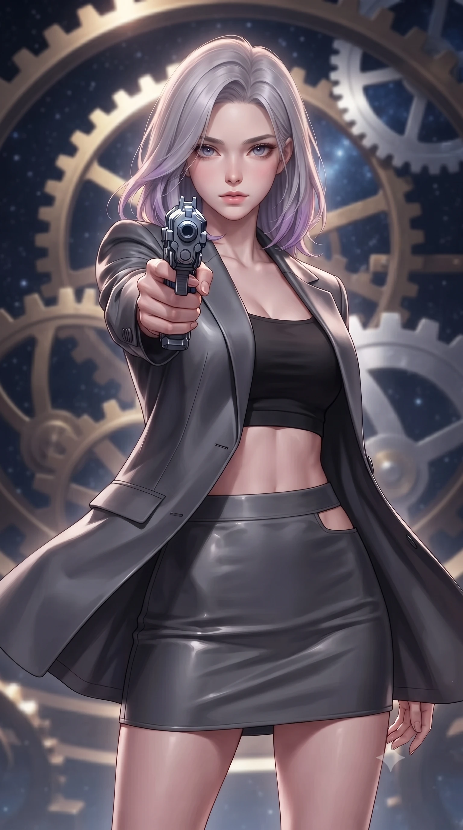 score_9, masterpiece, best quality, ultra-detailed, high-budget anime keyframe, editorial fashion photography, tasteful artistic composition, realistic cosplay photography, Caucasian woman, strictly human ears. close-up cowboy shot from the waist and thighs up, the character dominates the composition, filling the frame with her large presence, background elements kept in soft focus. Pointing a weapon directly past the lens with a calm, dominant gaze of superiority. set against a soft-focus background of inside a cosmic clockwork mechanism, with massive brass and silver gears rotating slowly, starfields visible between teeth. She has an exceptionally elegant and slender, willowy female figure with an ultra-slim waist, a gracefully sculpted slender torso, and a refined slim physique. sharp v-shaped jawline, high-bridge nose, intricate jewel-like eyes with depth, thick eyelashes, glossy lips with a natural sheen. wearing the lightweight fabric rippling and billowing dramatically with her movement, a form-contouring structured blazer in charcoal grey worn open over a black crop top and matching mini skirt with side cutout. soft glowing ambient light with sharp side key light tracing the sleek contours of her figure. ultra-reflective glossy finish, specular highlights, metallic sheen, high-contrast stereoscopic depth, volumetric dynamic lighting, 2k, ultra detail, master piece, 9:16 ratio