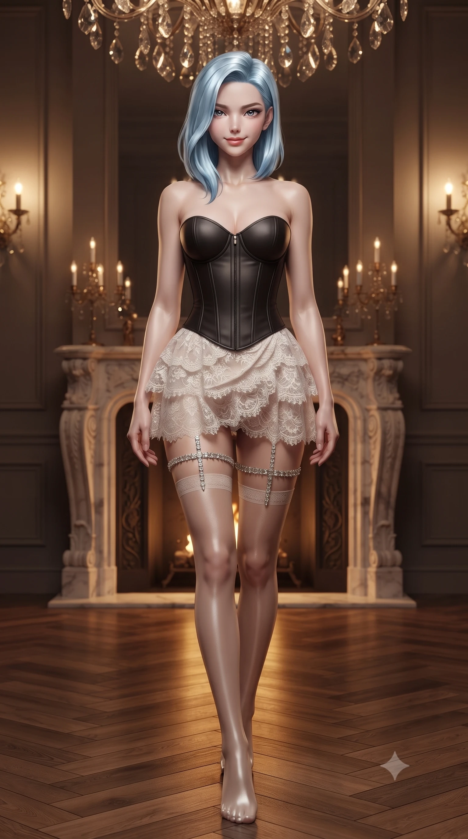 score_9, masterpiece, best quality, ultra-detailed, high-budget anime keyframe, editorial fashion photography, tasteful artistic composition, Korean woman. low angle full-body shot from head to toe showing her feet, filling the entire 9:16 vertical frame with her statuesque presence, stretching her vertical silhouette. stepping slowly toward the camera with hypnotic grace, hips swaying in an alluring sensual rhythm that accentuates her curvy hourglass silhouette and long slender legs while twisting her slender torso in an alluring contrapposto stance, crackling fireplace embers and crystal chandelier light tracing her hourglass curves. The surrounding environment is rendered in vivid detail and crisp panoramic clarity: sharp carved Carrara marble fireplace mantel relief, herringbone parquet wood grain, and crystal chandelier prism facets in deep focus. She has an absolutely perfect, statuesque 8.5-heads proportion, an exceptionally tall and slender model-like female figure with impossibly long slender legs, an ultra-slim waist, a flat toned midriff, narrow delicate ribcage, and beautifully sculpted feminine hips creating a graceful, slim hourglass silhouette without any bulky heaviness. sharp v-shaped jawline, high-bridge nose, sparkling eyes with hypnotic seductive depth, thick curled eyelashes, glossy parted lips with a natural dewy peach sheen, alluring bedroom-eyes with an enchanting coquettish smile, exuding magnetic siren charisma and sophisticated glamour, flawlessly proportioned anatomical accuracy, strict slender model proportions, natural body alignment, perfectly sculpted long slender limbs, ultra-slim waistline, clean dynamic posture without body distortion. wearing a structured boned leatherette corset bodice paired with an ultra-short micro-wrap mini skirt and sheer thigh-high stockings in pure pearl alabaster with platinum sheen, made of delicate semi-sheer French Chantilly lace with intricate eyelash edges, finished with delicate crystal-encrusted thigh garter straps glinting in the dim light, the precision-cut side openings and low-back scoop framing her graceful spine and the sensual sweep of her slim, toned hips. bathed in warm 2600K fireplace firelight combined with dim gilded wall sconce radiance. ultra-reflective glossy finish, specular highlights, rich textural contrasts, high-contrast stereoscopic depth, volumetric dynamic lighting, 2k, ultra detail, master piece, 9:16 ratio