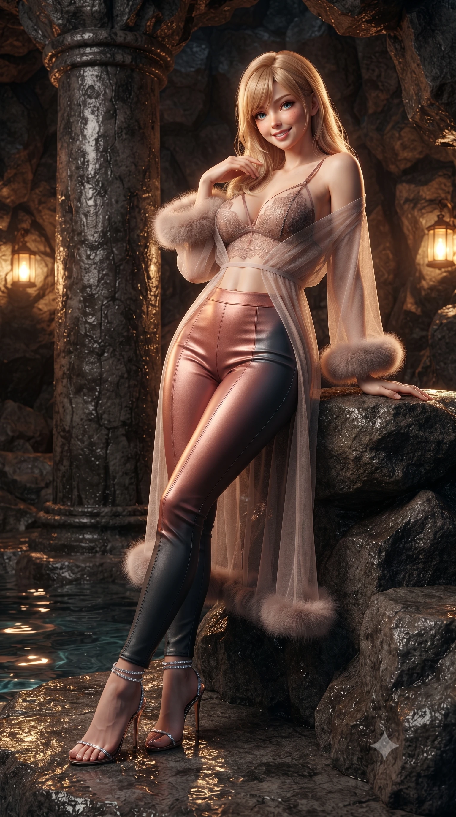 score_9, masterpiece, best quality, ultra-detailed, high-budget anime keyframe, editorial fashion photography, tasteful artistic composition, Caucasian woman. low angle full-body shot from head to toe showing her feet, filling the entire 9:16 vertical frame with her statuesque presence, stretching her vertical silhouette. standing tall beside the architectural column, one hand resting high while arching her lower back to emphasize her sculpted feminine hips and slender waist while lounging back into the natural rock seat propped on one elbow with legs extended, her statuesque hourglass silhouette commanding the grotto. The surrounding environment is rendered in vivid detail and crisp panoramic clarity: sharp wet volcanic basalt crevices, water ripple reflections on stone, and mineral crust textures in deep focus. She has an exceptionally tall and slender model-like 8.5-heads proportion, an ultra-slim waist, a flat toned midriff, narrow delicate ribcage, and beautifully sculpted feminine hips creating a graceful, slim hourglass silhouette without any bulky heaviness, with impossibly long slender legs. sharp v-shaped jawline, high-bridge nose, intricate jewel-like sparkling eyes with depth, thick eyelashes, glossy parted lips with a natural peach sheen, bright cheerful beaming smile with an enchanting and coquettish sensual glint, exuding both youthful cute charm and seductive allure, flawlessly proportioned anatomical accuracy, strict slender model proportions, natural body alignment, perfectly sculpted long slender limbs, ultra-slim waistline, clean dynamic posture without body distortion. wearing a delicate translucent cashmere-gauze boudoir robe with faux-fur trimmed cuffs slipping off bare shoulders over a strappy lace bralette in sultry copper rose and deep shadow charcoal, woven from buttery-soft stretch lambskin leather adhering to her body like a second skin, complemented by strappy stiletto sandals with crystal ankle wraps accentuating her slender calves, the liquid-tight tailored fabric clinging flawlessly to her narrow waist and rounded feminine hips, emphasizing every millimeter of her sculpted slim hourglass curves without any bulky heaviness. bathed in the warm, intimate 2300K glow of concealed amber lantern sconces bouncing off glistening wet stone. ultra-reflective glossy finish, specular highlights, rich textural contrasts, high-contrast stereoscopic depth, volumetric dynamic lighting, 2k, ultra detail, master piece, 9:16 ratio