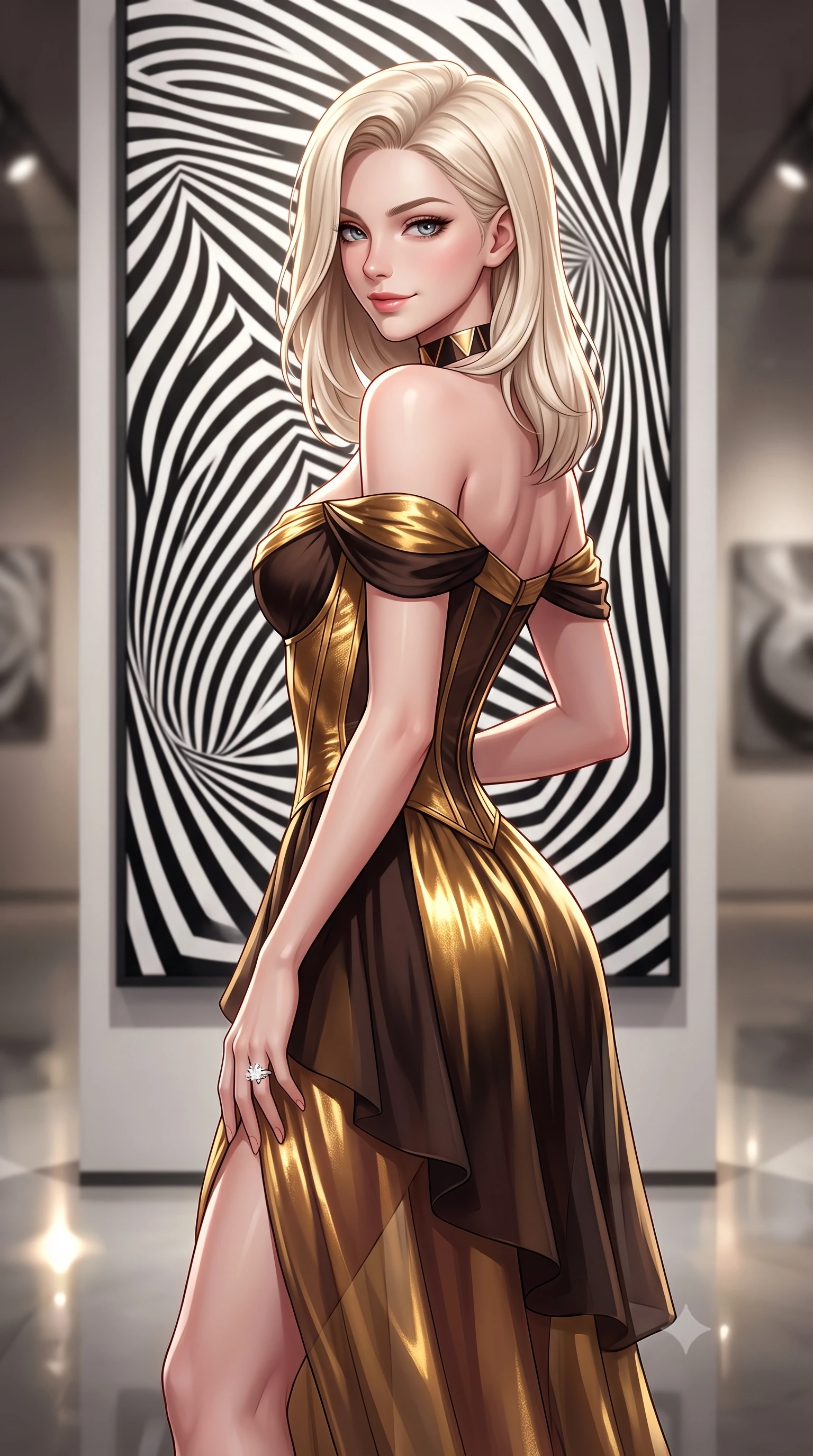score_9, masterpiece, best quality, ultra-detailed, high-budget anime keyframe, semi-realistic 3D game render, editorial fashion photography, tasteful artistic composition, Caucasian woman. close-up cowboy shot from the waist and thighs up, the character dominates the composition, filling the frame with her large presence. turning over a bare shoulder with an intoxicating, teasing smile, her soft hair framing her sharp jawline as her hips angle gracefully while posing before a monumental black-and-white op-art painting, twisting her slender torso in a sharp contrapposto stance to mirror the geometric optical curves. The composition keeps background elements in soft focus with creamy bokeh. gallery pin-spotlight beams and reflective floor highlights scattering sleek directional light motes. She has an exceptionally elegant, slender, and willowy female figure with an ultra-slim waist, flat toned midriff, narrow ribcage, and sculpted feminine hips creating an alluring, slim hourglass silhouette without bulk. sharp v-shaped jawline, high-bridge nose, intricate jewel-like eyes with depth, thick eyelashes, glossy parted lips with a natural sheen, intensely captivating and seductive bedroom-eyes expression, flawlessly proportioned anatomical accuracy, strict slender model proportions, natural body alignment, perfectly sculpted long slender limbs, ultra-slim waistline, clean dynamic posture without body distortion. wearing an off-shoulder French court corset bodice dress paired with a tiered translucent chiffon slit skirt in dark espresso brown and molten gold foil, made of fluid silk crepe with delicate inner corsetry boning, complemented by a bold geometric choker and sparkling cocktail ring, the form-contouring material adhering flawlessly to her sculpted flat midriff and slender torso, emphasizing her long leg lines and perfectly proportioned willowy build. illuminated by sharp linear edge highlights defining her sculpted collarbones, ultra-slim waist, and curvy hips. highly saturated vibrant anime colors, detailed shading with soft gradients, rich glossy textures, high-contrast stereoscopic depth, volumetric dynamic lighting, master piece, 9:16 ratio