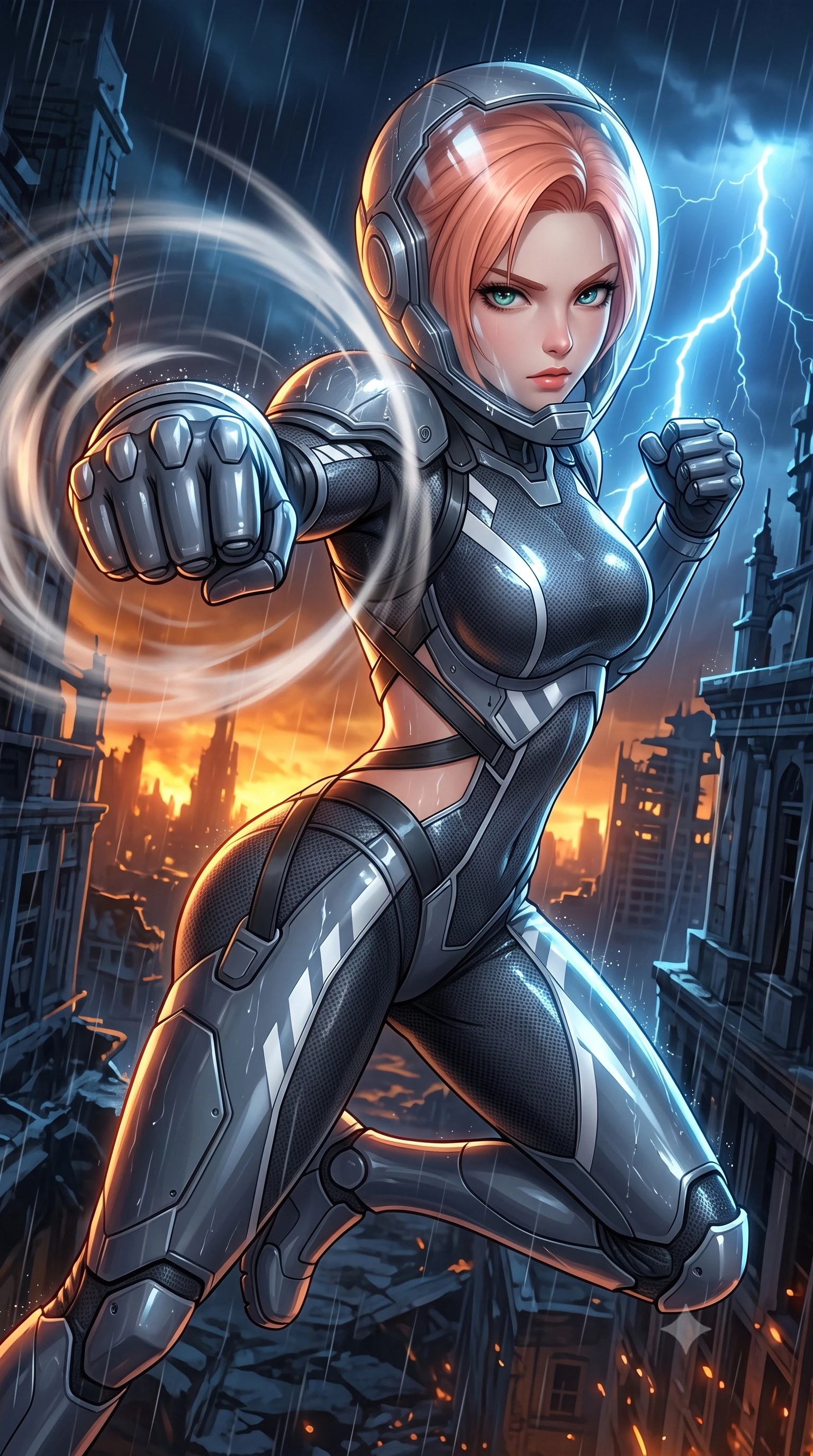 score_9, masterpiece, best quality, ultra-detailed, high-budget anime keyframe, semi-realistic 3D game render, editorial fashion photography, tasteful artistic composition, Japanese woman. close-up cowboy shot from the waist and thighs up, the character dominates the composition, filling the frame with her large presence. thrusting a high-speed kinetic punch toward the camera, a visible conical shockwave distortion wrapping around her armored forearm while arching her spine in a fluid combat stance with fists raised as cold rain streams down her sleek armored shoulder pauldrons. The surrounding environment is rendered in vivid detail and crisp panoramic clarity. high-contrast dystopian chiaroscuro and epic ruined metropolis architecture rendered with environmental precision. She has an exceptionally elegant, slender, and willowy female figure with an ultra-slim waist, a gracefully sculpted slender torso, toned flat midriff, and a refined slim silhouette. sharp v-shaped jawline, high-bridge nose, intricate jewel-like eyes with depth, thick eyelashes, glossy lips with a natural sheen, fierce and resolute heroine expression, flawlessly proportioned anatomical accuracy, strict slender model proportions, natural body alignment, perfectly sculpted long slender limbs, ultra-slim waistline, clean dynamic posture without body distortion. wearing a crystal-clear transparent armored riot-visor helmet showing her entire beautiful face and determined expression with pristine clarity, paired with an ultra-sleek high-gloss carbon-composite exoskeleton suit featuring kinetic shock-absorbing shin guards and flexible limb articulation joints in storm-grey carbon mesh with high-contrast white hazard stripes, made of liquid carbon-jersey fabric accentuating every curve of her tall, slender model proportions, complemented by criss-cross back harness straps highlighting her completely bare spine, the form-contouring material adhering flawlessly to her sculpted flat midriff and slender torso, emphasizing her long leg lines and perfectly proportioned willowy build. bathed in ominous amber horizon fire glow and cold blue storm lightning flashes. rich saturated anime colors with glowing neon highlights, detailed shading with soft gradients, rich glossy textures, high-contrast stereoscopic depth, volumetric dynamic lighting, master piece, 9:16 ratio