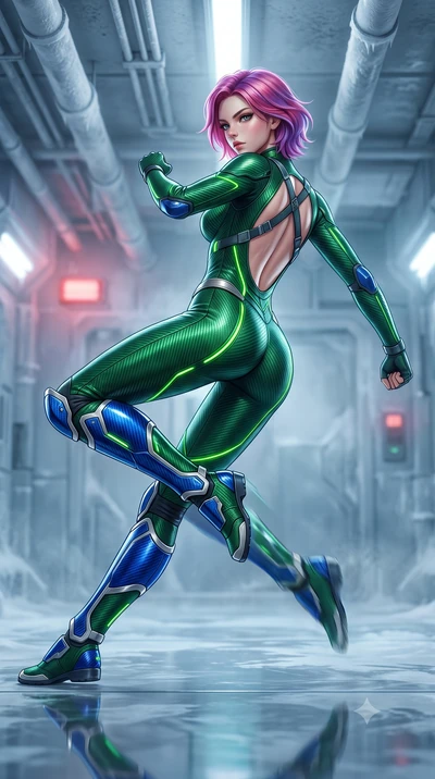 score_9, masterpiece, best quality, ultra-detailed, high-budget anime keyframe, semi-realistic 3D game render, editorial fashion photography, tasteful artistic composition, Caucasian woman. low angle full-body shot from head to toe showing her feet, 