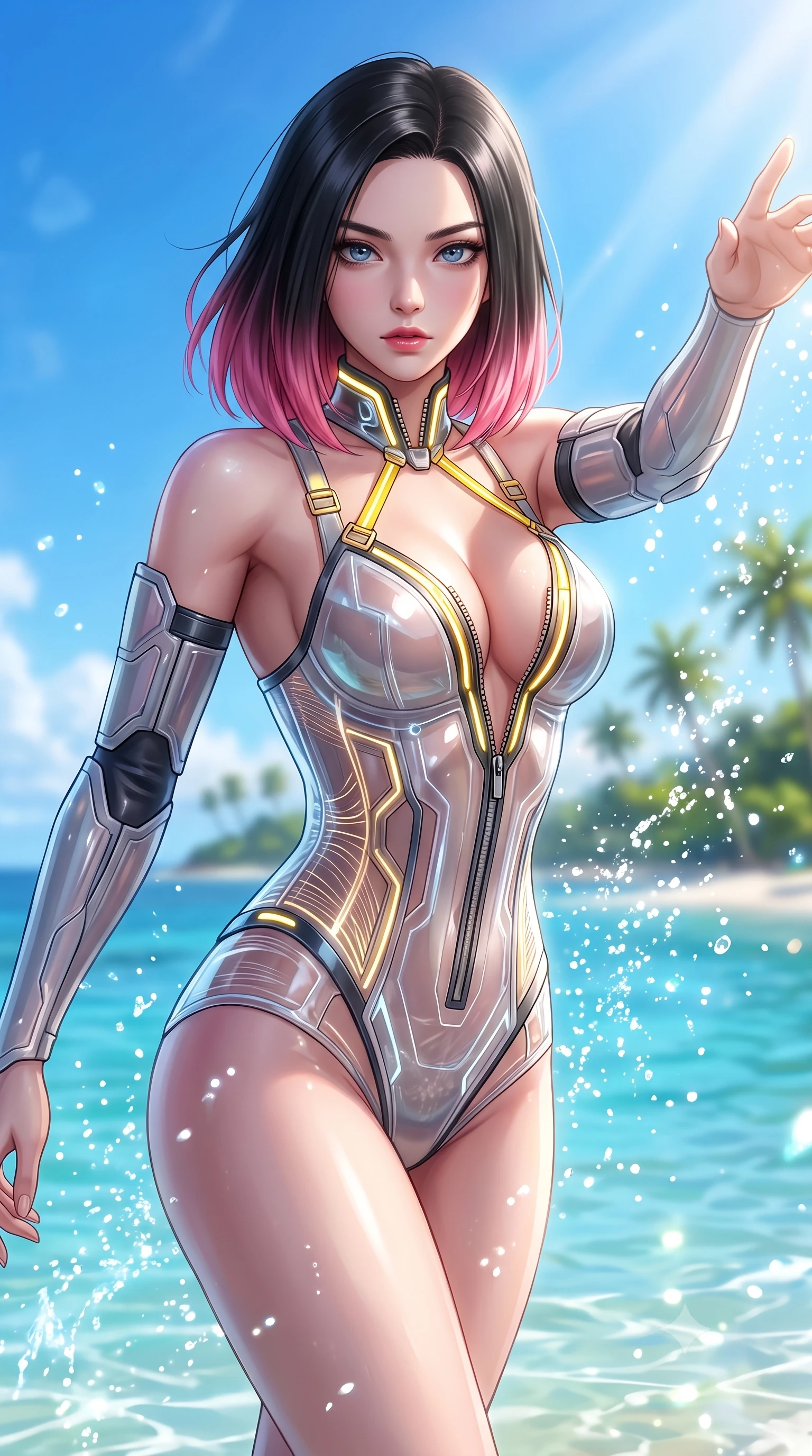 score_9, masterpiece, best quality, ultra-detailed, high-budget anime keyframe, semi-realistic 3D game render, editorial fashion photography, tasteful artistic composition, Korean woman. close-up cowboy shot from the waist and thighs up, the character dominates the composition, filling the frame with her large presence. extending one arm gracefully toward the light while her torso arches in a sleek, alluring curve with magnetic intensity while pivoting in mid-stride along the water edge as bright tropical sea spray sparkles in mid-air. The composition keeps background elements in soft focus with creamy bokeh. distant palm-lined islands and vibrant blue sky softened by shallow atmospheric focus. She has an exceptionally elegant, slender, and willowy female figure with an ultra-slim waist, a gracefully sculpted slender torso, toned flat midriff, and a refined slim silhouette. sharp v-shaped jawline, high-bridge nose, intricate jewel-like eyes with depth, thick eyelashes, glossy lips with a natural sheen, flawlessly proportioned anatomical accuracy, strict slender model proportions, natural body alignment, perfectly sculpted long slender limbs, ultra-slim waistline, clean dynamic posture without body distortion. wearing a translucent cybernetic corset in semi-opaque structured vinyl, combined with detached sleeves and a deep-plunging neckline secured by glowing micro-straps in vibrant sunburst canary yellow and gold trim, tailored from semi-translucent cybernetic vinyl with glowing micro-filaments, featuring a dangerously unzipped neckline framed by glowing cybernetic accents, the liquid-tight tailored fabric emphasizing every curve of her tall, slender model proportions and sculptured silhouette during dynamic movement. bathed in dazzling tropical morning sunlight and glittering ocean water caustics. highly saturated vibrant anime colors, detailed shading with soft gradients, rich glossy textures, high-contrast stereoscopic depth, volumetric dynamic lighting, master piece, 9:16 ratio