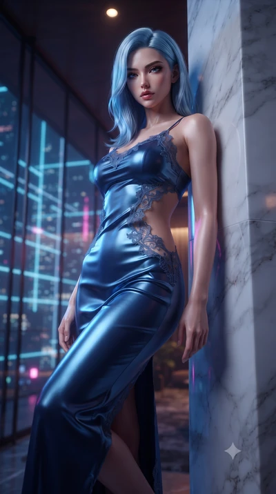 score_9, masterpiece, best quality, ultra-detailed, High-budget Anime Keyframe, editorial fashion photography, tasteful artistic composition, realistic cosplay photography, East Asian woman. Low angle cowboy shot filling the entire 9:16 frame with he