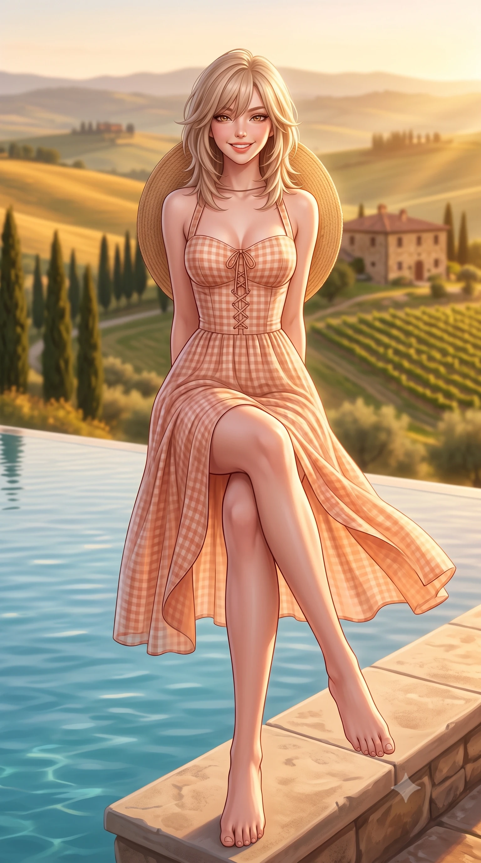 score_9, masterpiece, best quality, ultra-detailed, high-budget anime keyframe, semi-realistic 3D game render, editorial fashion photography, tasteful artistic composition, Japanese woman. low angle full-body shot from head to toe showing her feet, filling the entire 9:16 vertical frame with her statuesque presence, stretching her vertical silhouette. sitting perched on the elevated stone edge with legs crossed and hips angled toward the camera, displaying her toned midriff and long slender limbs with joyful, coquettish charm while standing at the infinity edge of the stone pool overlooking rolling golden hills and lines of cypress trees, arching her back with sovereign poise. The composition keeps background elements in soft focus with dreamy creamy bokeh. a distant historic stone farmhouse and vineyard slopes softened in serene Italian countryside shallow focus. She has an exceptionally tall and slender model-like 8.5-heads proportion, an ultra-slim waist, a flat toned midriff, narrow delicate ribcage, and beautifully sculpted feminine hips creating a graceful, slim hourglass silhouette without any bulky heaviness, with impossibly long slender legs. sharp v-shaped jawline, high-bridge nose, sparkling amber-hazel eyes with depth, long lush eyelashes, glossy sun-kissed lips with a warm coral glaze, radiant teasing smile with sensual sunlit bedroom-eyes, exuding effortless old-money elegance and intoxicating sun-drenched allure, flawlessly proportioned anatomical accuracy, strict slender model proportions, natural body alignment, perfectly sculpted long slender limbs, ultra-slim waistline, clean dynamic posture without body distortion. wearing a backless lace-up gingham sundress in soft apricot with a form-fitting bodice and hip-defining silhouette in soft dusty rose and molten copper shimmer, tailored from airy semi-sheer chiffon that flutters gently in the evening breeze, complemented by a wide-brim straw sunhat held casually behind her back, the high-waisted tailoring accentuating her ultra-slim waistline and the enchanting curve of her feminine hips with alluring sunlit charm. bathed in pure molten Tuscan golden hour light streaming horizontally across the hills. highly saturated vibrant anime colors, detailed shading with soft gradients, rich glossy textures, high-contrast stereoscopic depth, volumetric dynamic lighting, master piece, 9:16 ratio