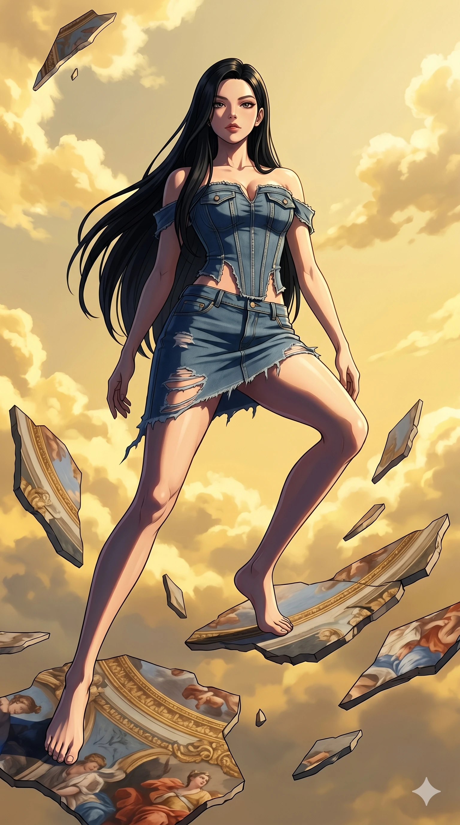 score_9, masterpiece, best quality, ultra-detailed, high-budget anime keyframe, Caucasian woman, strictly human ears. low angle full-body shot filling the entire 9:16 frame with her statuesque presence, stretching the vertical silhouette. propelling herself off digital baroque ceiling fresco shards that float and reassemble in a golden sky. She has an absolutely perfect 8-heads proportion, an exceptionally tall and slender female figure with impossibly long slender legs and an ultra-slim waist. V-shaped jawline, high-bridge nose, intricate jewel-like eyes with depth, thick eyelashes, glossy lips with a natural sheen.. wearing a deconstructed denim corset and an asymmetric ripped denim micro-skirt, showcasing a rugged yet chic off-shoulder style. accented by dynamic color-blocked lighting with high-contrast shadows emphasizing her statuesque height. 2k, ultra detail, master piece, 9:16 ratio