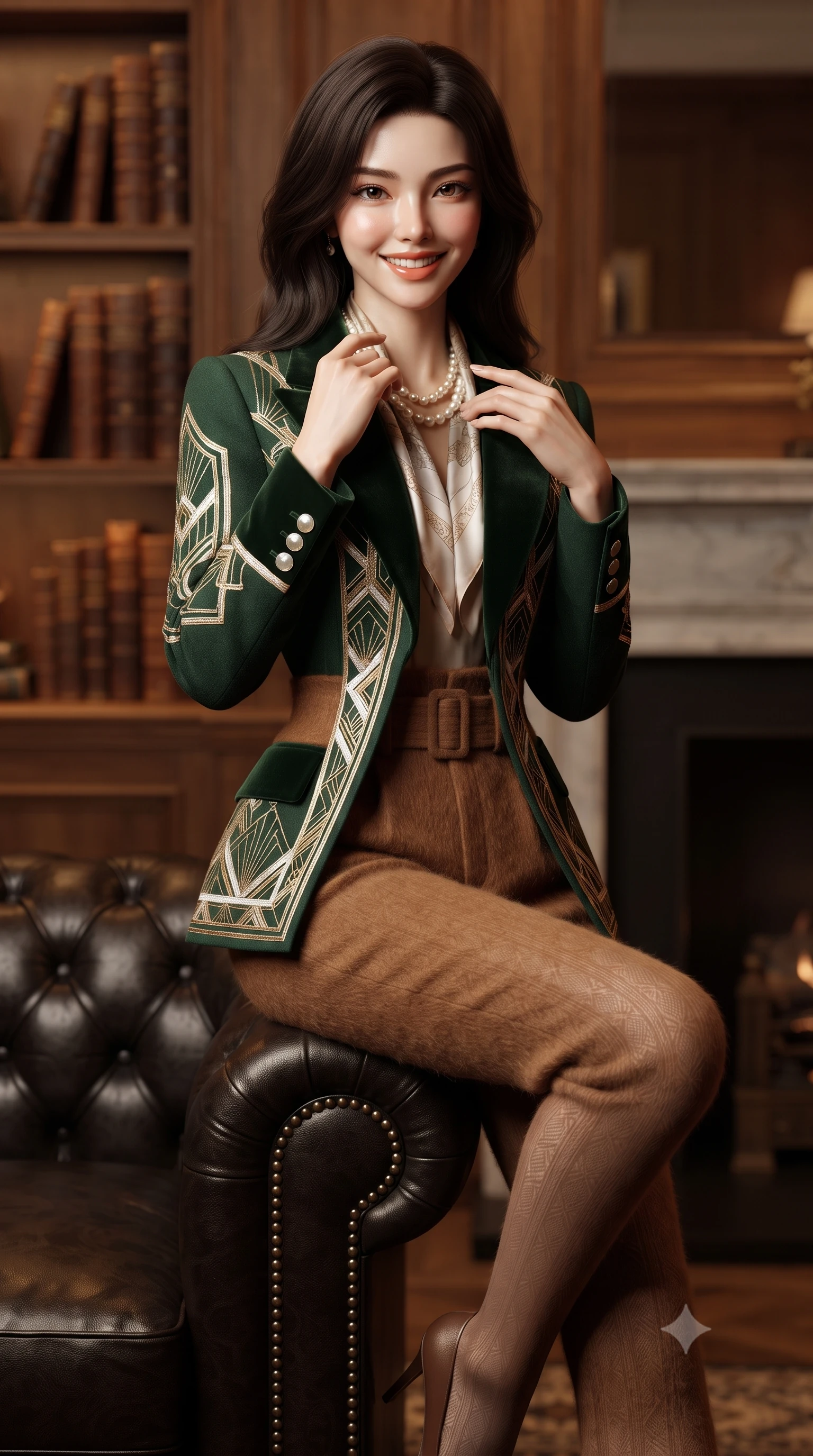 score_9, masterpiece, best quality, ultra-detailed, high-budget anime keyframe, editorial fashion photography, tasteful artistic composition, Korean woman. close-up cowboy shot from the waist and thighs up, the character dominates the composition, filling the frame with her large presence. touching her silk scarf with delicate fingertips while casting an affectionate, warm glance toward the lens while perched sideways on the arm of the leather sofa, one hand toyed playfully with her pearl necklace as she glances toward the viewer. The background shows a soft-focus shelves of leather-bound club registers softened in exclusive Mayfair sanctuary shallow focus. She has an exceptionally elegant, slender, and willowy female figure with an ultra-slim waist, flat toned midriff, narrow ribcage, and sculpted feminine hips creating an alluring, slim hourglass silhouette without bulk. sharp v-shaped jawline, high-bridge nose, intricate jewel-like sparkling eyes with depth, thick eyelashes, glossy parted lips with a natural peach sheen, bright cheerful beaming smile with an enchanting and coquettish sensual glint, exuding both youthful cute charm and seductive allure, flawlessly proportioned anatomical accuracy, strict slender model proportions, natural body alignment, perfectly sculpted long slender limbs, ultra-slim waistline, clean dynamic posture without body distortion. wearing a retro Art Deco embroidered wool blazer with velvet lapels paired with high-waisted pressed trousers in heritage British racing green and warm cognac brown, woven from plush alpaca yarn with a cloud-like fuzzy texture and soft halo, finished with fine mother-of-pearl cuff buttons catching the soft ambient light, the structured cinched belt emphasizing her narrow waistline and gracefully balanced proportions with timeless haute-couture polish. illuminated by dark wood paneling reflection bounce and warm amber rim lights sculpting her cheekbones, waistline, and slender posture. ultra-reflective glossy finish, specular highlights, rich textural contrasts, high-contrast stereoscopic depth, volumetric dynamic lighting, 2k, ultra detail, master piece, 9:16 ratio