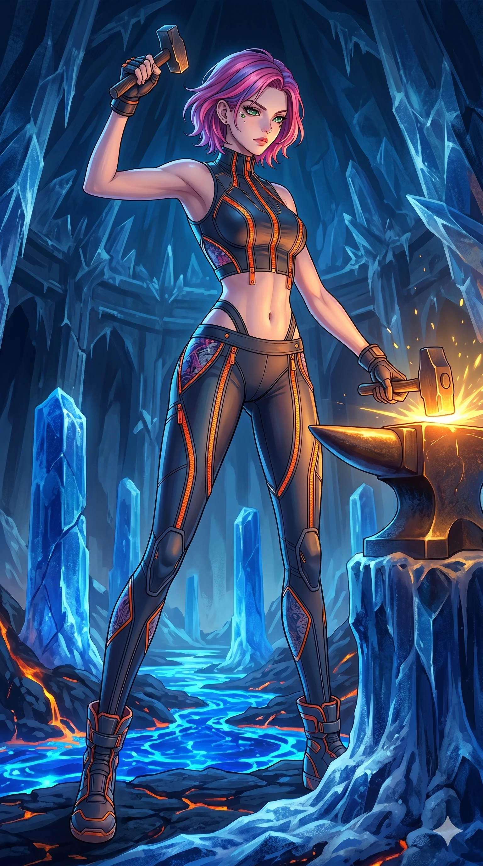 score_9, masterpiece, best quality, ultra-detailed, high-budget anime keyframe, Caucasian woman, strictly human ears. low angle full-body shot filling the entire 9:16 frame with her statuesque presence, stretching the vertical silhouette. forging in a prismatic ice-volcano temple where glowing cobalt-blue liquid magma flows between frozen blue ash crystals. She has an absolutely perfect 8-heads proportion, an exceptionally tall and slender female figure with impossibly long slender legs and an ultra-slim waist. V-shaped jawline, high-bridge nose, intricate jewel-like eyes with depth, thick eyelashes, glossy lips with a natural sheen.. wearing a second-skin neoprene cyber-athleisure set, featuring a tight crop top and leggings with fluorescent orange zipper accents and side slash panels. accented by dynamic color-blocked lighting with high-contrast shadows emphasizing her statuesque height. 2k, ultra detail, master piece, 9:16 ratio