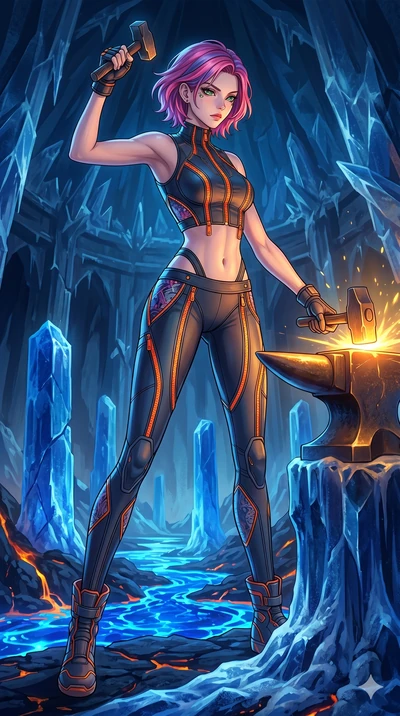 score_9, masterpiece, best quality, ultra-detailed, high-budget anime keyframe, Caucasian woman, strictly human ears. low angle full-body shot filling the entire 9:16 frame with her statuesque presence, stretching the vertical silhouette. forging in 