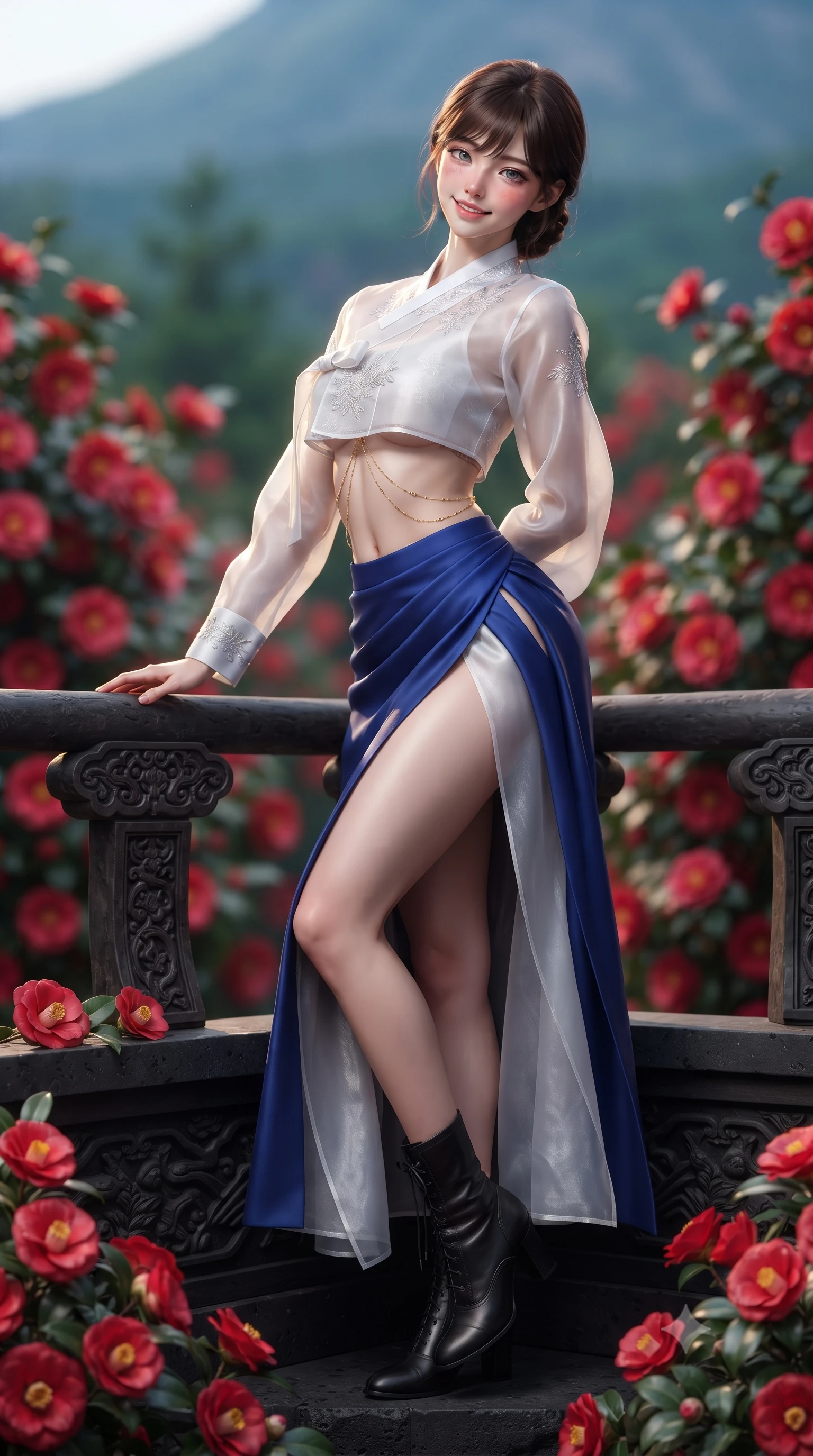score_9, masterpiece, best quality, ultra-detailed, high-budget anime keyframe, editorial fashion photography, tasteful artistic composition, Korean woman. low angle full-body shot from head to toe showing her feet, filling the entire 9:16 vertical frame with her statuesque presence, stretching her vertical silhouette. standing in a tall, confident posture with one hand on the carved palace railing, stretching her statuesque body as she arches her lower back to emphasize her sculpted feminine hips and slender waist while sitting perched on a black volcanic basalt terrace bench surrounded by blooming red camellias, arching her back with a playful, blushing smile. The background shows a soft-focus thousands of blooming crimson camellia flowers and distant volcanic Hallasan slopes blurred into ruby red, emerald, and azure bokeh. She has an absolutely perfect, statuesque 8.5-heads proportion, an exceptionally tall and slender model-like female figure with impossibly long slender legs, an ultra-slim waist, a flat toned midriff, narrow delicate ribcage, and beautifully sculpted feminine hips creating a graceful, slim hourglass silhouette without any bulky heaviness. sharp v-shaped jawline, high-bridge nose, intricate jewel-like dark sparkling almond eyes with depth, thick lashes, glossy parted lips with a natural rose-plum sheen, bright alluring and coquettish smile with bedroom-eyes, exuding both timeless oriental elegance and sovereign high-fashion allure, flawlessly proportioned anatomical accuracy, strict slender model proportions, natural body alignment, perfectly sculpted long slender limbs, ultra-slim waistline, clean dynamic posture without body distortion. wearing a cropped semi-sheer silk organza jeogori top paired with an ultra-high-waisted wrapped chima skirt featuring a dramatic thigh-high side slit in royal cobalt blue and starlight platinum, tailored from sheer gossamer silk organza with an airy weightless flutter, accented with a delicate gold body chain draping loosely across her flat midriff, the precision-cut side hip slits and low-back scoop framing her graceful spine and the sensual sweep of her slim, toned hips. illuminated by black stone bounce and sharp amber rim lights defining her sculpted collarbones, ultra-slim waist, and curvy hips. ultra-reflective glossy finish, specular highlights, rich textural contrasts, high-contrast stereoscopic depth, volumetric dynamic lighting, 2k, ultra detail, master piece, 9:16 ratio