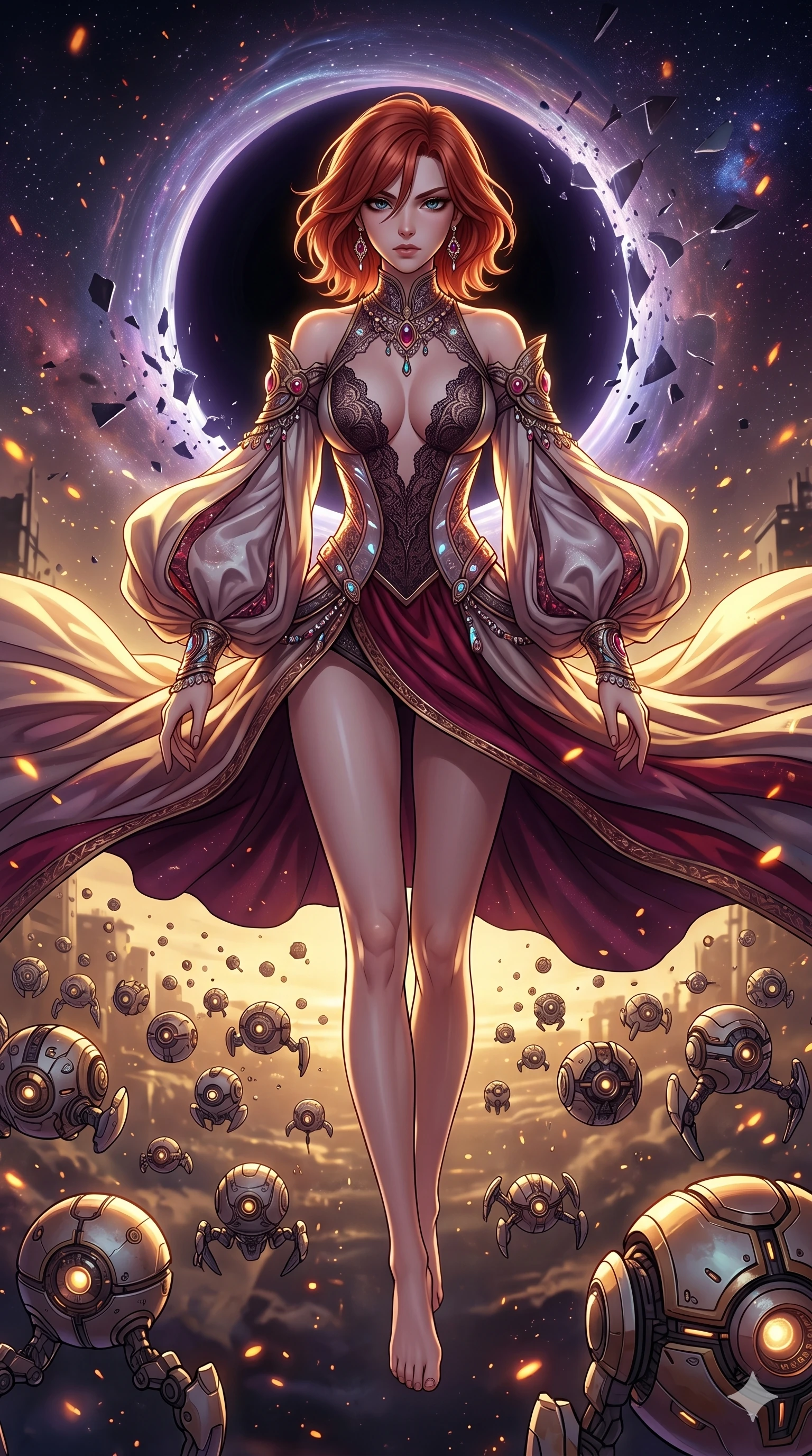 score_9, masterpiece, best quality, ultra-detailed, Set A: High-budget Anime Keyframe, Caucasian (human ears) woman. Upper body close-up from the thighs up, character filling the screen for maximum presence. Theme: Urban Decay. shattering the fabric of reality in the edge of a black hole, surrounded by 179 hovering guardian drones. The atmosphere is filled with golden hour with floating embers. She has an absolutely perfect 8-heads proportion, an exceptionally tall and slender female figure with impossibly long slender legs and an ultra-slim waist. Sharp v-shaped jawline, high-bridge nose, intricate jewel-like eyes with depth, glossy lips. Wearing Futuristic court-lady gown with massive sleeves and a deep-cut lace bodice. Cinematic lighting, vivid colors, dramatic shadows, 2k, ultra detail, master piece, 9:16 ratio