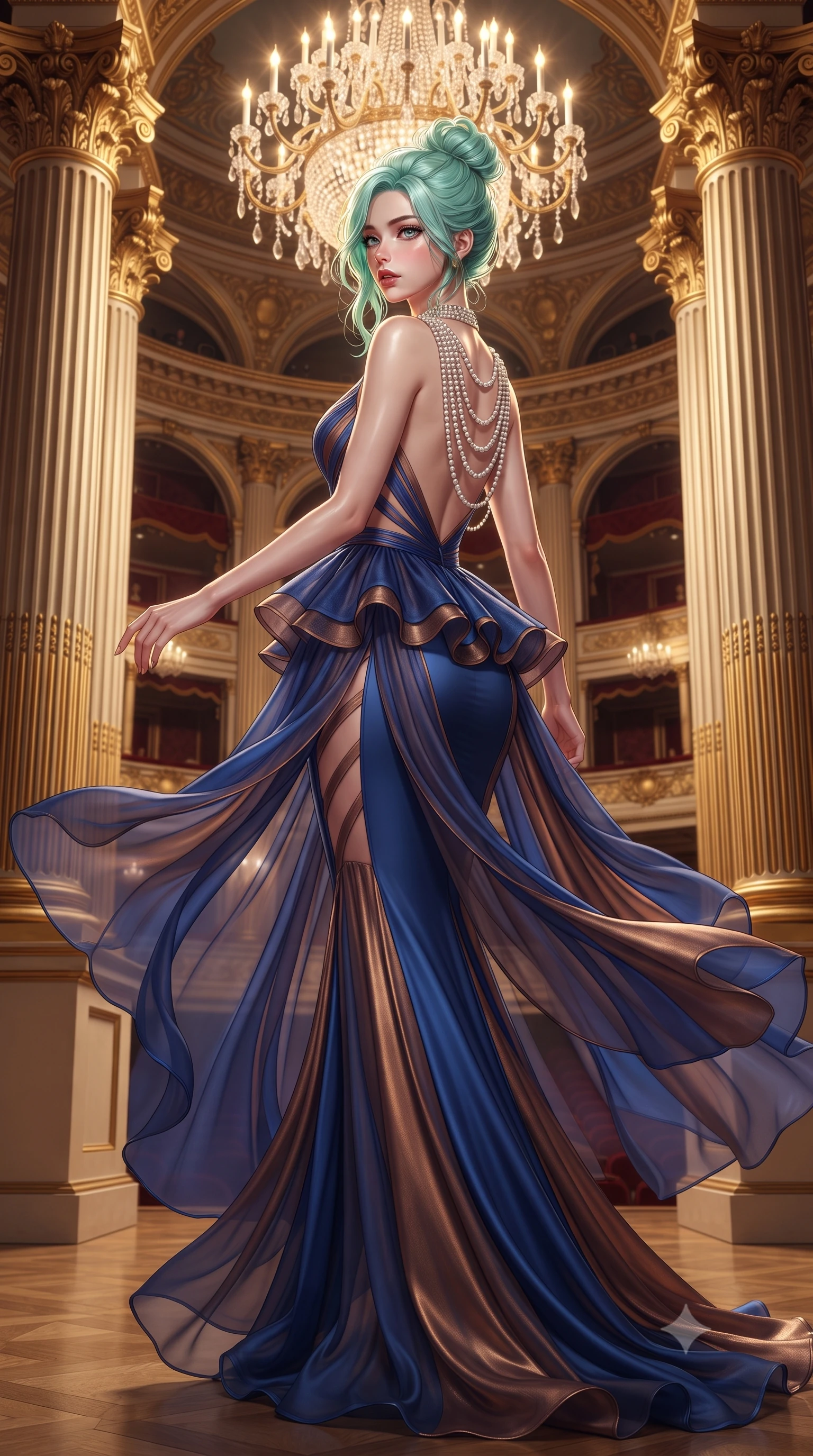 score_9, masterpiece, best quality, ultra-detailed, high-budget anime keyframe, editorial fashion photography, tasteful artistic composition, Japanese woman. low angle full-body shot from head to toe showing her feet, filling the entire 9:16 vertical frame with her statuesque presence, stretching her vertical silhouette. executing an elegant mid-motion pivot turn as garments swirl around her slender limbs, glancing over her shoulder with an intoxicating bedroom-gaze while standing poised between towering gilded Corinthian columns, twisting her slender torso in an alluring S-curve under cascading crystal chandelier light. The surrounding environment is rendered in vivid detail and crisp panoramic clarity. detailed velvet and lace gown texture, diamond jewelry shimmer, and classical opera architecture in high clarity. She has an exceptionally tall and slender model-like 8.5-heads proportion, an ultra-slim waist, a flat toned midriff, narrow delicate ribcage, and beautifully sculpted feminine hips creating a graceful, slim hourglass silhouette without any bulky heaviness, with impossibly long slender legs. sharp v-shaped jawline, high-bridge nose, intricate jewel-like eyes with depth, thick eyelashes, glossy parted lips with a natural sheen, intensely captivating and seductive bedroom-eyes expression, flawlessly proportioned anatomical accuracy, strict slender model proportions, natural body alignment, perfectly sculpted long slender limbs, ultra-slim waistline, clean dynamic posture without body distortion. wearing a structural geometric peplum gown with sheer side-ribbon cutouts and form-fitting skirt in royal sapphire blue and liquid bronze, woven from layered gossamer chiffon with a weightless sweeping drape, accented with a multi-strand pearl back necklace cascading down her bare spine to her hips, the form-contouring material adhering flawlessly to her sculpted flat midriff and slender torso, emphasizing her long leg lines and perfectly proportioned willowy build. bathed in opulent golden crystal chandelier downlights contrasting with warm velvet bounce fill. ultra-reflective glossy finish, specular highlights, rich textural contrasts, high-contrast stereoscopic depth, volumetric dynamic lighting, 2k, ultra detail, master piece, 9:16 ratio