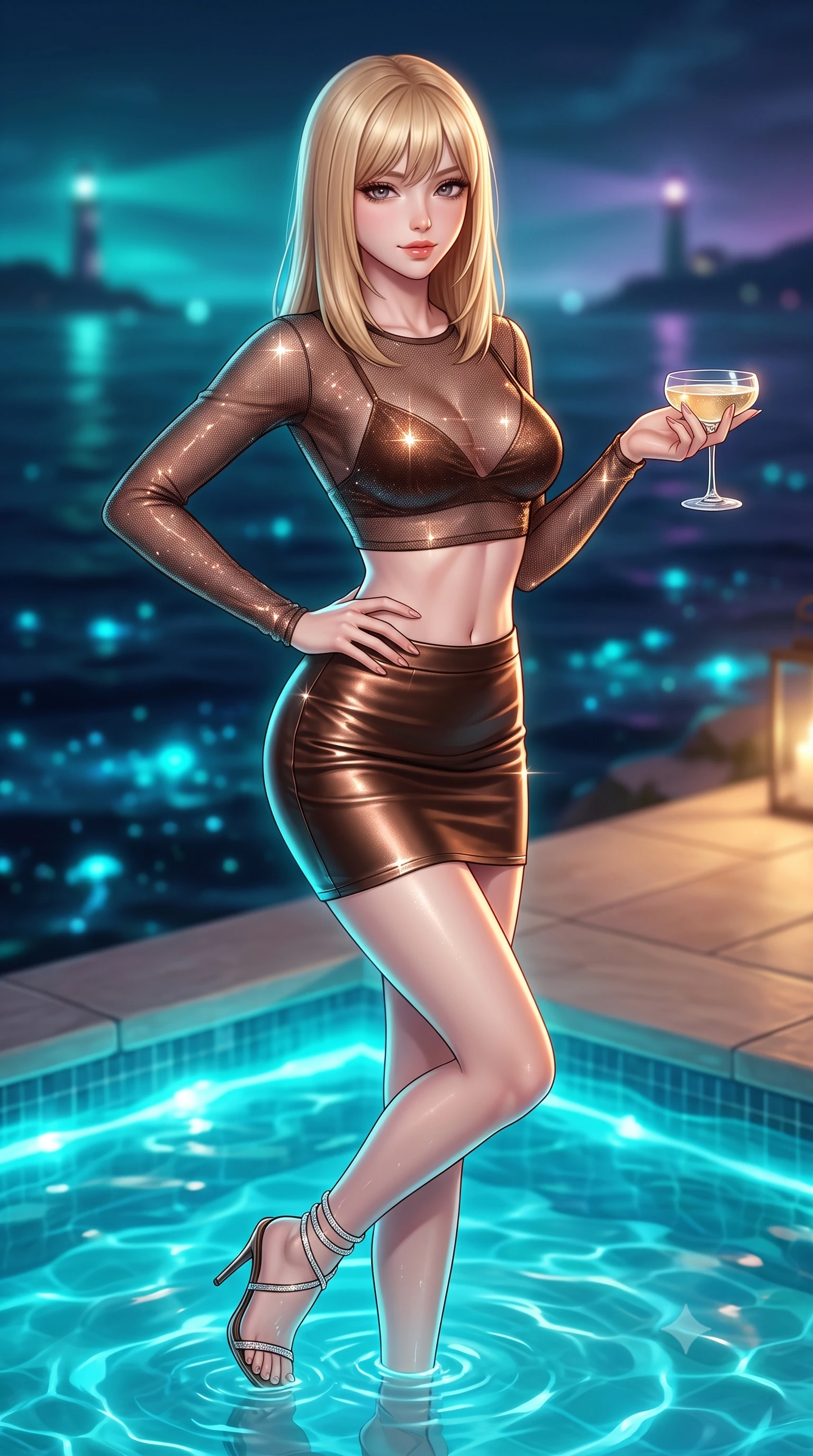 score_9, masterpiece, best quality, ultra-detailed, high-budget anime keyframe, semi-realistic 3D game render, editorial fashion photography, tasteful artistic composition, Japanese woman. close-up cowboy shot from the waist and thighs up, the character dominates the composition, filling the frame with her large presence. twisting her slender torso in an alluring contrapposto stance, one hand resting on her sculpted hip while her fingers toy with a champagne coupe while stepping gracefully into the heated cliffside plunge pool with water lapping at her thighs, arching her spine with breathtaking siren elegance. The background shows a soft-focus the vast obsidian sea dotted with glowing bioluminescent plankton and distant island lighthouses blurred into teal, cyan, and amethyst bokeh. She has an exceptionally elegant, slender, and willowy female figure with an ultra-slim waist, flat toned midriff, narrow ribcage, and sculpted feminine hips creating an alluring, slim hourglass silhouette without bulk. sharp v-shaped jawline, high-bridge nose, sparkling eyes with hypnotic seductive depth, thick curled eyelashes, glossy parted lips with a natural dewy peach sheen, alluring bedroom-eyes with an enchanting coquettish smile, exuding magnetic siren charisma and sophisticated high-fashion glamour, flawlessly proportioned anatomical accuracy, strict slender model proportions, natural body alignment, perfectly sculpted long slender limbs, ultra-slim waistline, clean dynamic posture without body distortion. wearing a sheer mesh long-sleeve crop top over an opaque strappy micro-bralette and a sleek leatherette mini skirt in sultry espresso bronze and metallic copper, woven from stretch metallic lurex jersey casting radiant starlight glints across her silhouette, complemented by strappy stiletto sandals with crystal ankle wraps accentuating her slender calves, the glove-like clinging cut tightly following the natural contour of her hips and long slender legs with youthful 8.5-heads elegance. bathed in eerie glowing cyan bioluminescence from the water mixed with warm villa patio lighting. highly saturated vibrant anime colors, detailed shading with soft gradients, rich glossy textures, high-contrast stereoscopic depth, volumetric dynamic lighting, master piece, 9:16 ratio