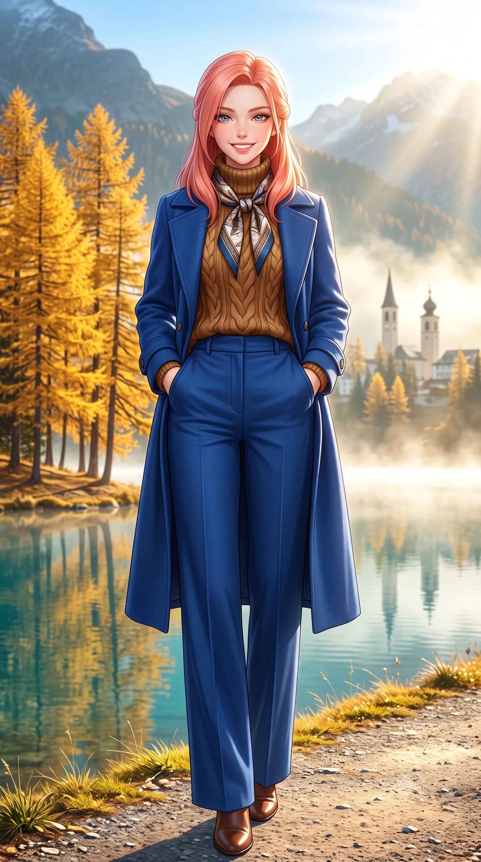 score_9, masterpiece, best quality, ultra-detailed, high-budget anime keyframe, semi-realistic 3D game render, editorial fashion photography, tasteful artistic composition, Japanese woman. low angle full-body shot from head to toe showing her feet, filling the entire 9:16 vertical frame with her statuesque presence, stretching her vertical silhouette. standing tall and centered in the frame with hands tucked into her coat pockets, radiating statuesque poise and calm warmth while pausing beneath a stand of brilliant golden larch trees reflecting in the turquoise water, holding her coat lapels with refined elegance. The background shows a soft-focus distant St. Moritz village towers softened in pristine Swiss nature shallow focus. She has an exceptionally tall and slender model-like 8.5-heads proportion, an ultra-slim waist, a flat toned midriff, narrow delicate ribcage, and beautifully sculpted feminine hips creating a graceful, slim hourglass silhouette without any bulky heaviness, with impossibly long slender legs. sharp v-shaped jawline, high-bridge nose, intricate jewel-like sparkling eyes with depth, thick eyelashes, glossy parted lips with a natural peach sheen, bright cheerful beaming smile with an enchanting and coquettish sensual glint, exuding both youthful cute charm and seductive allure, flawlessly proportioned anatomical accuracy, strict slender model proportions, natural body alignment, perfectly sculpted long slender limbs, ultra-slim waistline, clean dynamic posture without body distortion. wearing an oversized chunky cable-knit cashmere roll-neck sweater paired with brushed wool flannel wide-leg trousers in royal sapphire blue and antique brushed bronze, woven from fine Australian merino wool with a smooth fluid drape and subtle sheen, finished with a printed silk twilly scarf knotted gracefully around her neck, the expertly draped wool fabric falling in crisp fluid lines along her tall 8.5-heads silhouette, celebrating her slender frame without excess fabric bulk. bathed in crisp, sparkling morning sun breaking over mountain crests, illuminating lake mist with ethereal golden backlighting. highly saturated vibrant anime colors, detailed shading with soft gradients, rich glossy textures, high-contrast stereoscopic depth, volumetric dynamic lighting, master piece, 9:16 ratio
