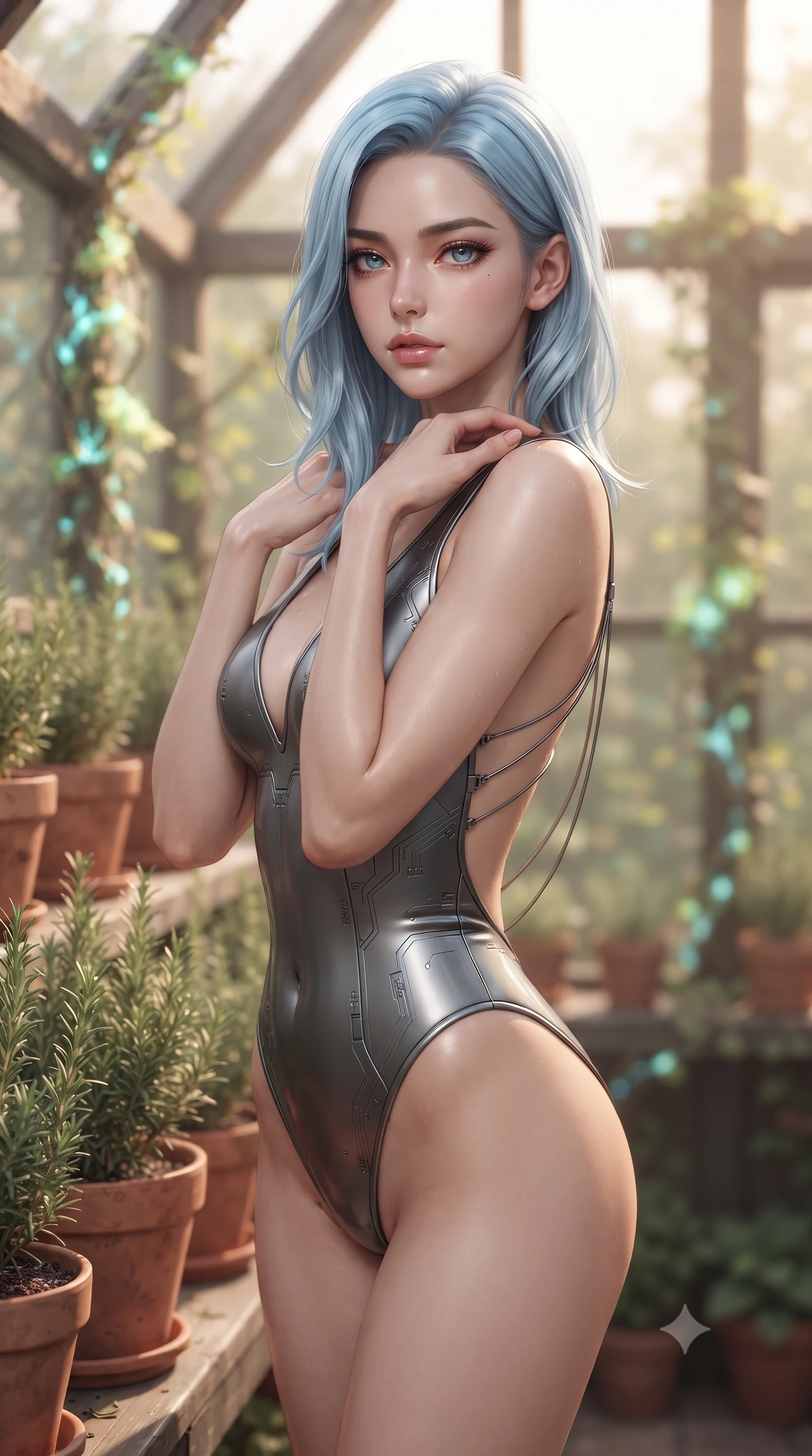 score_9, masterpiece, best quality, ultra-detailed, high-budget anime keyframe, editorial fashion photography, tasteful artistic composition, Korean woman. close-up cowboy shot from the waist and thighs up, the character dominates the composition, filling the frame with her large presence, background elements kept in soft focus. standing in a relaxed, elegant posture with both hands resting lightly on her collarbone, looking at the viewer with bedroom-eyes, the background shows a soft-focus a cozy garden greenhouse, surrounded by terracotta pots, rosemary, and cyber-lichens. She has an exceptionally elegant, slender, and willowy female figure with an ultra-slim waist, a gracefully sculpted slender torso, and a refined silhouette. sharp v-shaped jawline, high-bridge nose, intricate jewel-like eyes with depth, thick eyelashes, glossy lips with a natural sheen. wearing a slim-fit low-cut cybernetic bodysuit with open-back design and thin structural straps crossing her bare shoulder blades. warm, diffused daylight creating a quiet and productive mood. ultra-reflective glossy finish, specular highlights, metallic sheen, high-contrast stereoscopic depth, volumetric dynamic lighting, 2k, ultra detail, master piece, 9:16 ratio