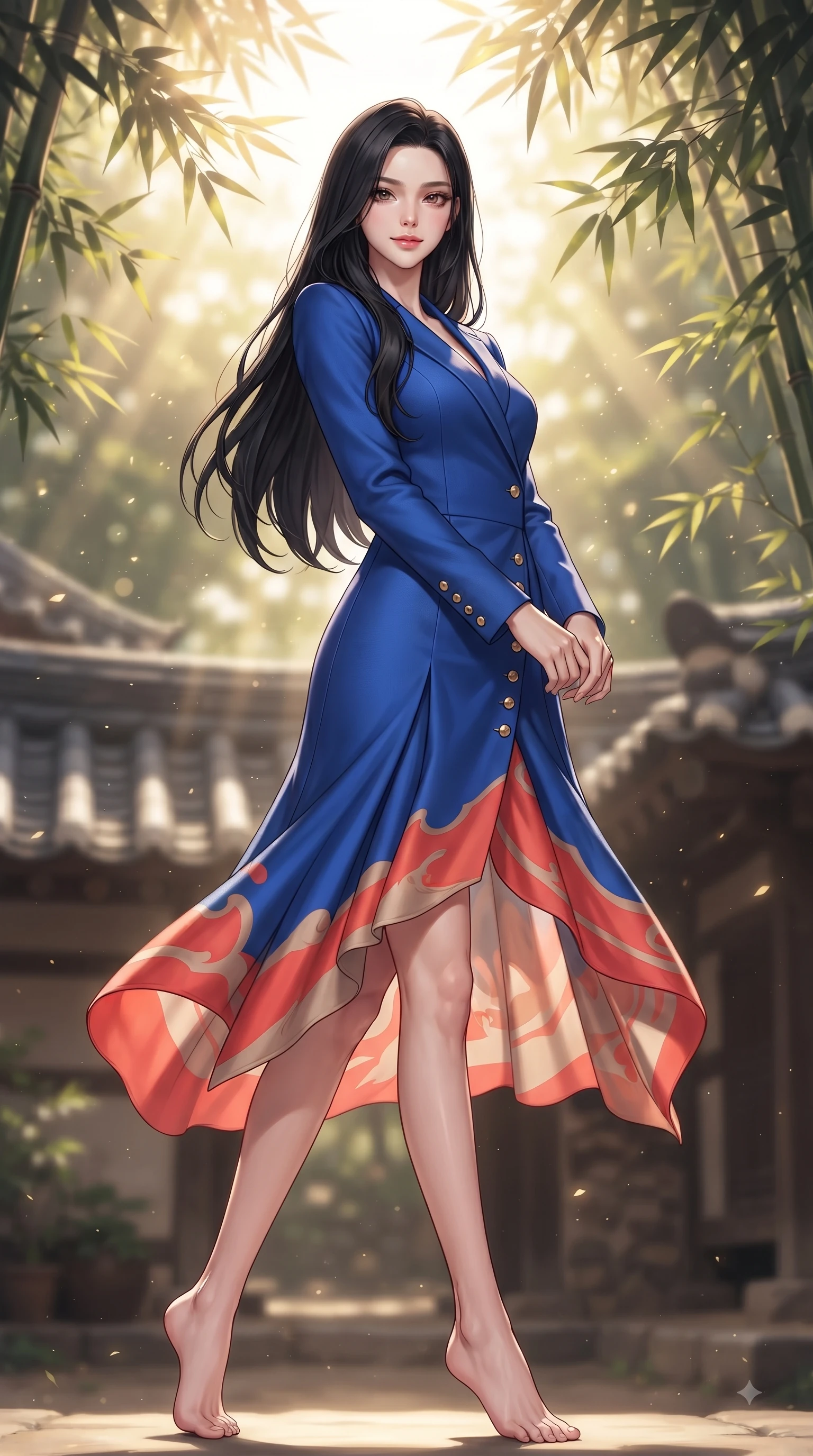 score_9, masterpiece, best quality, ultra-detailed, high-budget anime keyframe, editorial fashion photography, tasteful artistic composition, Korean woman. low angle full-body shot from head to toe showing her feet, filling the entire 9:16 vertical frame with her statuesque presence, stretching her vertical silhouette. Pure innocent expression with clear crystalline eyes, a gentle tender smile, and an airy serene aura while pivoting near traditional clay tile roofs as golden sunbeams filter through bamboo leaves. The composition keeps background elements in soft focus with dreamy bokeh. dappled sunlight filtering through bamboo leaves creating a peaceful blurred backdrop. She has an absolutely perfect, statuesque 8.5-heads proportion, an exceptionally tall and slender model-like female figure with impossibly long slender legs and an ultra-slim waist. sharp v-shaped jawline, high-bridge nose, intricate jewel-like eyes with depth, thick eyelashes, glossy lips with a natural sheen, flawlessly proportioned anatomical accuracy, natural body alignment, perfectly sculpted elegant limbs, clean dynamic posture without body distortion. wearing an electric cobalt blue silk wrap dress with a graceful flowing hem in vibrant coral red and soft beige, tailored from structured wool crepe with clean lines, finished with gold metallic hardware buttons along the front, the sleek second-skin fit accentuating her magnetic presence. surrounded by a serene, elegant, and heritage fashion editorial aura. ultra-reflective glossy finish, specular highlights, metallic sheen, high-contrast stereoscopic depth, volumetric dynamic lighting, 2k, ultra detail, master piece, 9:16 ratio