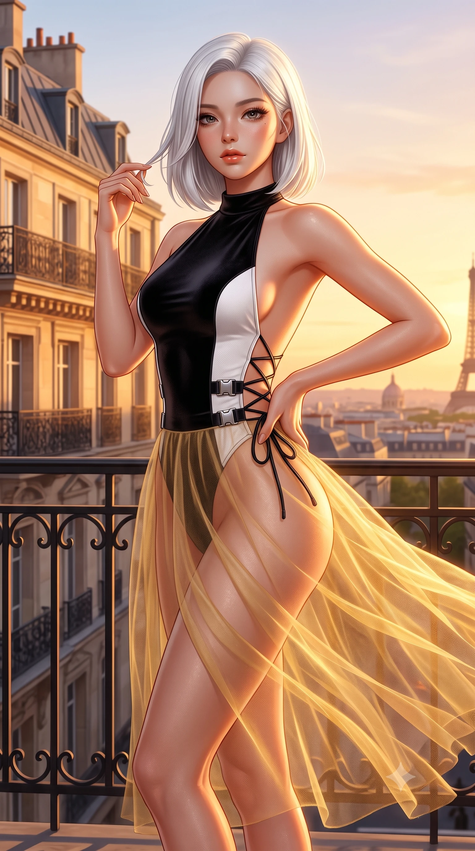 score_9, masterpiece, best quality, ultra-detailed, high-budget anime keyframe, semi-realistic 3D game render, editorial fashion photography, tasteful artistic composition, Korean woman. close-up cowboy shot from the waist and thighs up, the character dominates the composition, filling the frame with her large presence. twisting her slender torso in an alluring contrapposto stance, one hand resting on her sculpted hip while her fingers toy with her hair with effortless poise while twisting her slender torso in an alluring S-curve, golden hour winds molding her sheer tulle skirt to her long slender legs and curvy hips. The surrounding environment is rendered in vivid detail and crisp panoramic clarity: detailed ballet leotard cling, sun-kissed skin glow, and Parisian haussmann architecture in razor-sharp precision. She has an exceptionally elegant, slender, and willowy female figure with an ultra-slim waist, flat toned midriff, narrow ribcage, and sculpted feminine hips creating an alluring, slim hourglass silhouette without bulk. sharp v-shaped jawline, high-bridge nose, sparkling eyes with hypnotic seductive depth, thick curled eyelashes, glossy parted lips with a natural dewy peach sheen, alluring bedroom-eyes with an enchanting coquettish smile, exuding magnetic siren charisma and sophisticated glamour, flawlessly proportioned anatomical accuracy, strict slender model proportions, natural body alignment, perfectly sculpted long slender limbs, ultra-slim waistline, clean dynamic posture without body distortion. wearing a slinky backless halterneck tactical leotard with micro-ripstop side panels and quick-release chrome buckles in high-contrast monochrome black and optic white, tailored from ultra-plush velvet with rich tactile depth and deep shadow gradients, finished with fine criss-cross lace-up side ties revealing tantalizing glimpses of her hip curve, the precision-cut side openings and low-back scoop framing her graceful spine and the sensual sweep of her slim, toned hips. bathed in molten golden hour sunset light washing horizontally across the Parisian skyline. highly saturated vibrant anime colors, detailed shading with soft gradients, rich glossy textures, high-contrast stereoscopic depth, volumetric dynamic lighting, master piece, 9:16 ratio