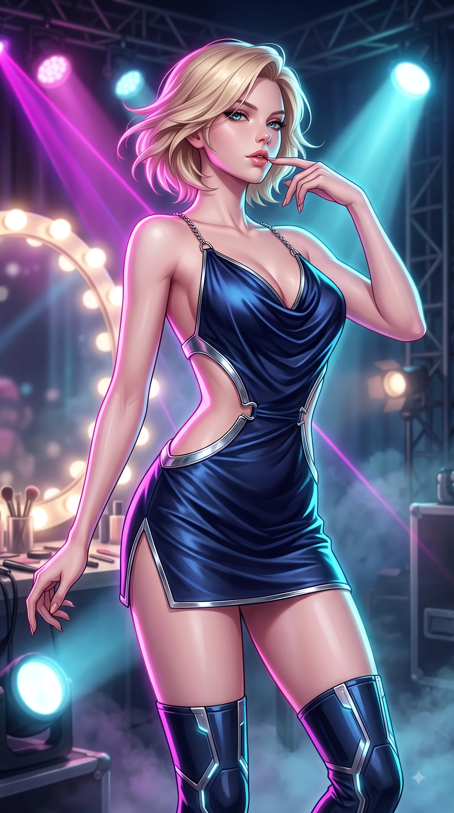 score_9, masterpiece, best quality, ultra-detailed, high-budget anime keyframe, editorial fashion photography, tasteful artistic composition, Caucasian woman. close-up cowboy shot from the waist and thighs up, the character dominates the composition, filling the frame with her large presence, background elements kept in soft focus. Resting two fingers near her glossy lips, casting a sharp mysterious side-gaze during her dynamic motion while resting near a glowing vanity mirror backstage as stage lights trace her contoured waist, intense volumetric laser beams cutting through stage fog in magenta and cyan. She has an exceptionally elegant, slender, and willowy female figure with an ultra-slim waist, a gracefully sculpted slender torso, and a refined silhouette. sharp v-shaped jawline, high-bridge nose, intricate jewel-like eyes with depth, thick eyelashes, glossy lips with a natural sheen, flawlessly proportioned anatomical accuracy, natural body alignment, perfectly sculpted elegant limbs, clean dynamic posture without body distortion. wearing a dramatic open-waist cutout mini dress framed by sculptural hardware in midnight navy blue and chrome trim, crafted from lustrous satin jersey with fluid draping, adorned with delicate metallic chain straps along the neckline, the elegant draped fit framing her graceful clavicle and slender torso. bathed in intense volumetric stage spotlights and vivid neon rim lights. highly saturated vibrant anime colors, detailed shading with soft gradients, rich glossy textures, high-contrast stereoscopic depth, volumetric dynamic lighting, master piece, 9:16 ratio