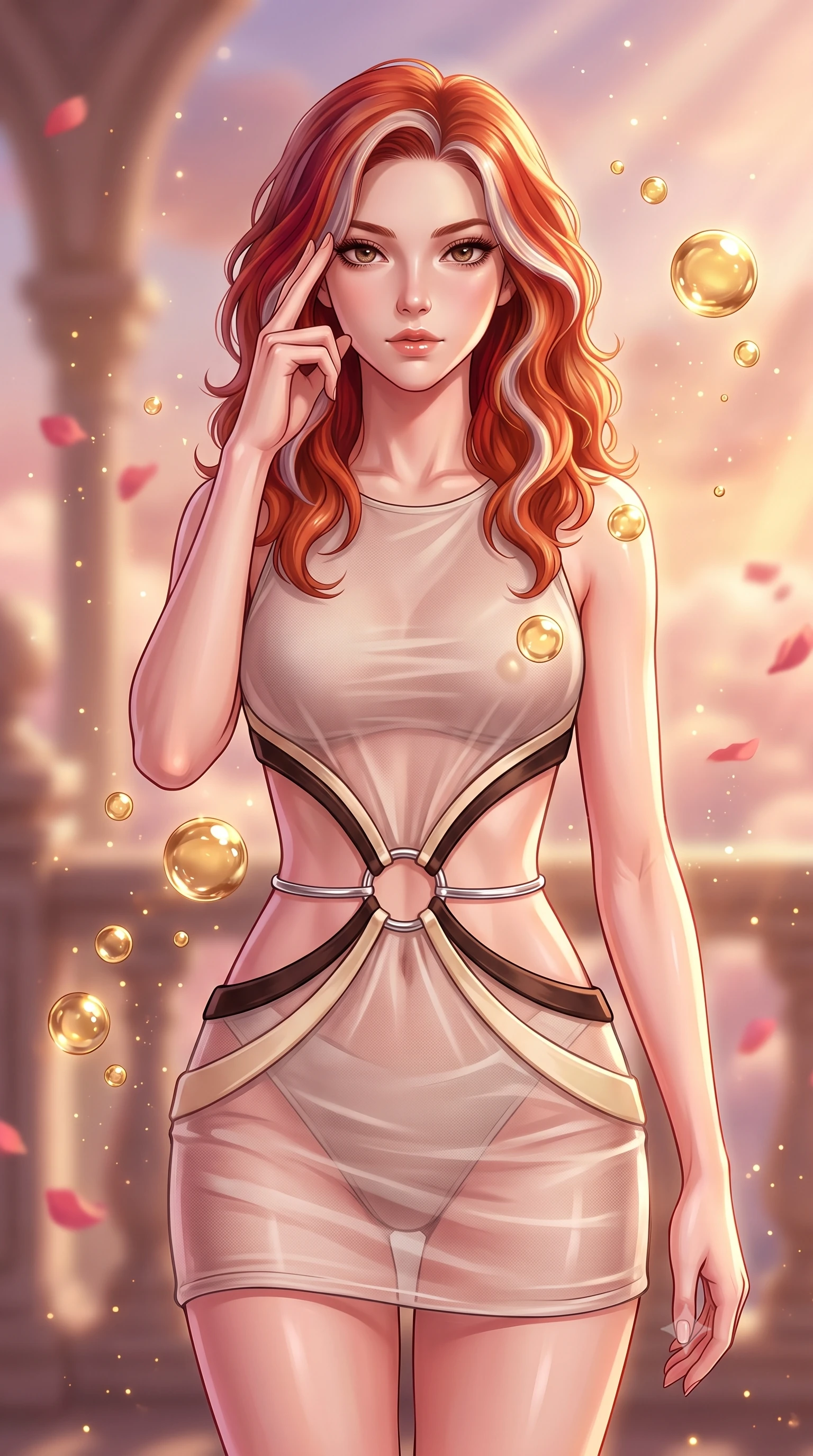 score_9, masterpiece, best quality, ultra-detailed, high-budget anime keyframe, editorial fashion photography, tasteful artistic composition, Caucasian woman. close-up cowboy shot from the waist and thighs up, the character dominates the composition, filling the frame with her large presence, background elements kept in soft focus. Pressing two fingers to her temple in a composed thoughtful gesture with an air of magnetic charisma interacting with floating golden water Orbs in a cloudtop palace court, floating rose petals and golden dust motes sparkling in the air. She has an exceptionally elegant, slender, and willowy female figure with an ultra-slim waist, a gracefully sculpted slender torso, and a refined silhouette. sharp v-shaped jawline, high-bridge nose, intricate jewel-like eyes with depth, thick eyelashes, glossy lips with a natural sheen. wearing a dramatic open-waist cutout mini dress framed by sculptural hardware in espresso brown and warm cream, woven from fine semi-opaque sheer organza, accented with delicate chrome ring hardware framing her waist, the form-contouring material highlighting her ultra-slim waist and long lines. bathed in glorious golden hour sunbeams and warm rose-gold ambient light. highly saturated vibrant anime colors, detailed shading with soft gradients, rich glossy textures, high-contrast stereoscopic depth, volumetric dynamic lighting, master piece, 9:16 ratio